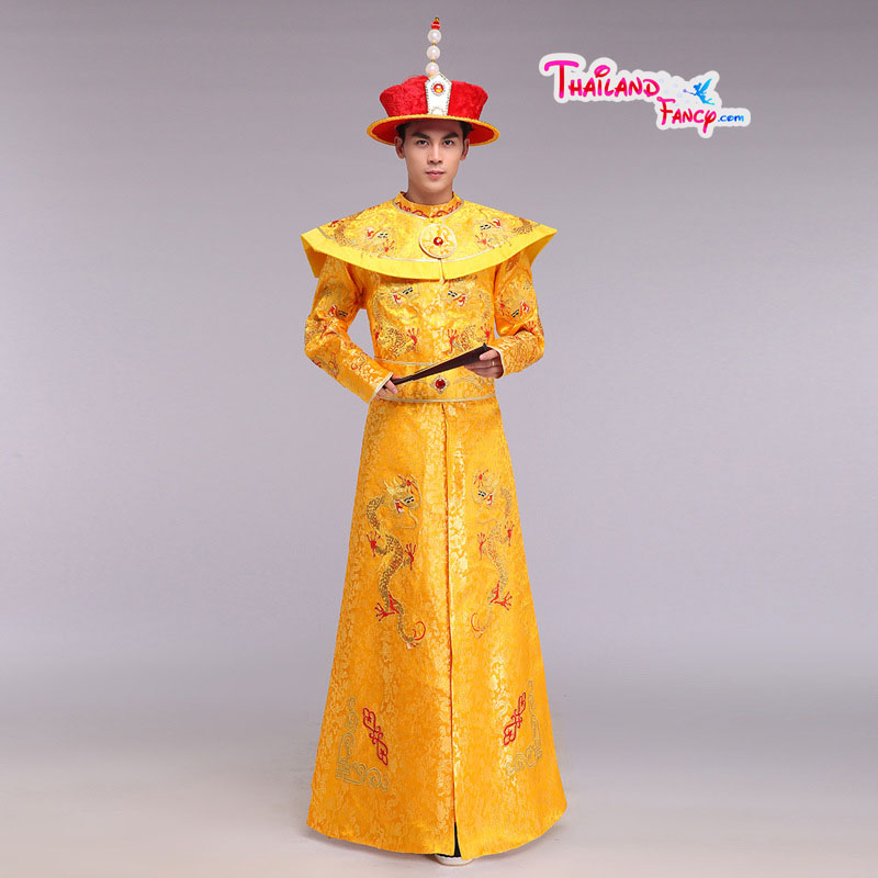 ชุดเช่าแฟนซีผู้ชาย ชุดฮ่องเต้จีนโบราณ ชุดจักรพรรดิ์จีน ชุดราชวงศ์จีน เช่าชุดเครื่องทรงออกรบฮ่องเต้จีนผู้ชาย สีเหลืองทองปักมังกรฟ้า สำเนา