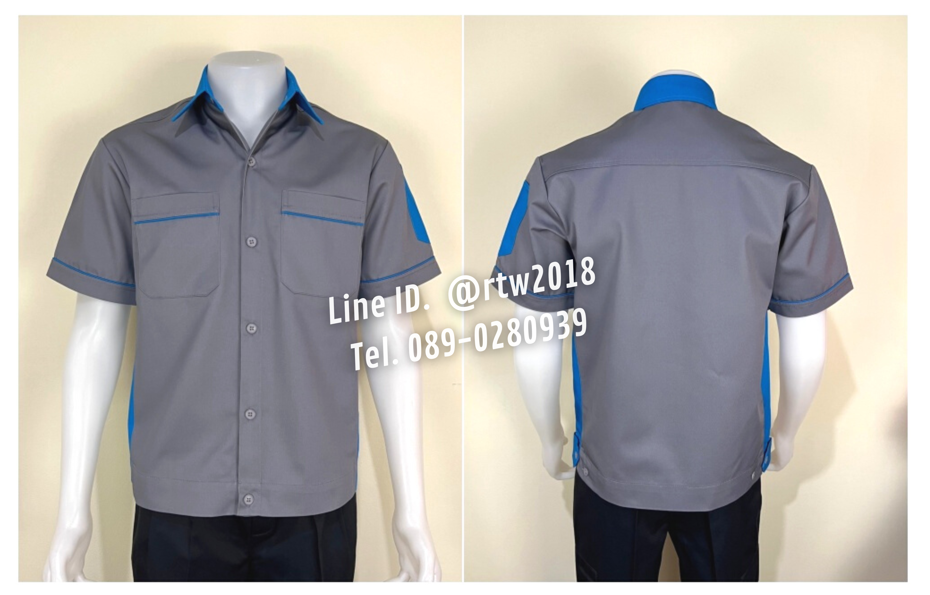 รหัส A11.3 : เสื้อช่างแขนสั้นผ้าคอมทวิวสีเทาข้างฟ้าเข้ม