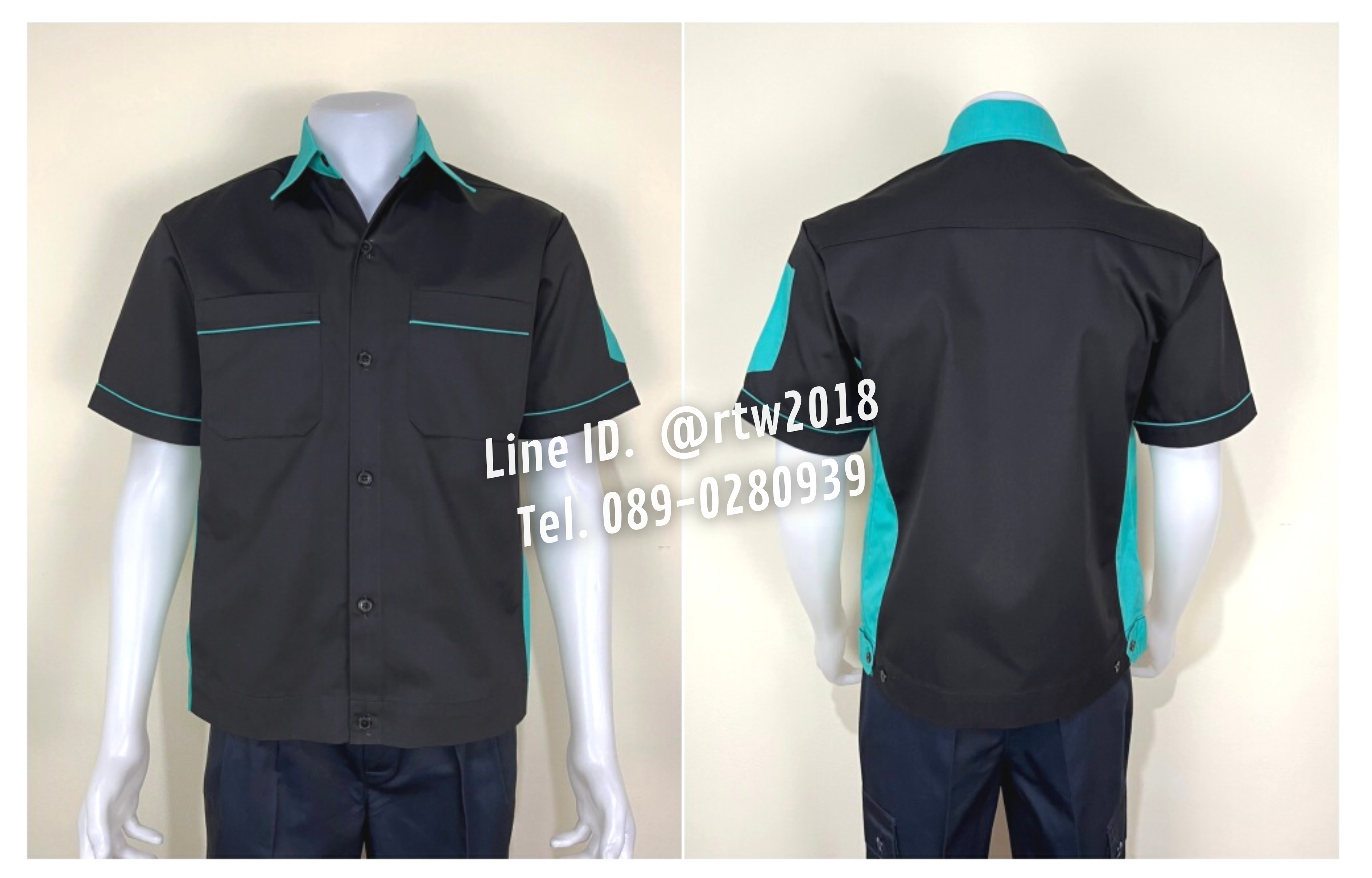 รหัส A13.6 : เสื้อช่างแขนสั้นผ้าคอมทวิวสีดำข้างเขียวมิ้น