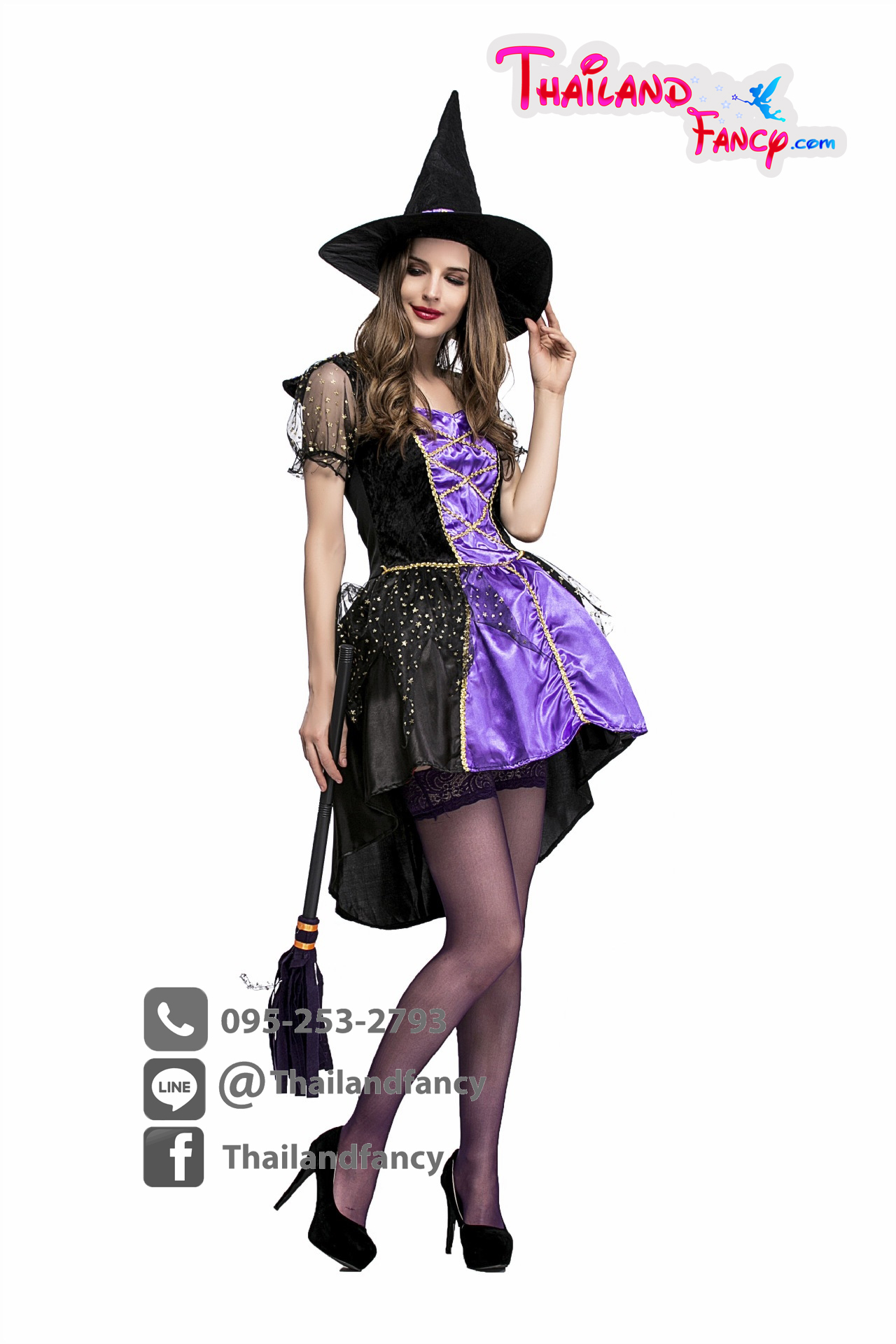 ชุดแฟนซีแม่มด ชุดคอสเพลย์นักเวทย์ ชุดแม่มด ชุดซอมบี้ผีแม่มด ชุดฮาโลวีน แม่มดสีม่วงดำแต่งขลิบทอง พร้อมหมวกแม่มด