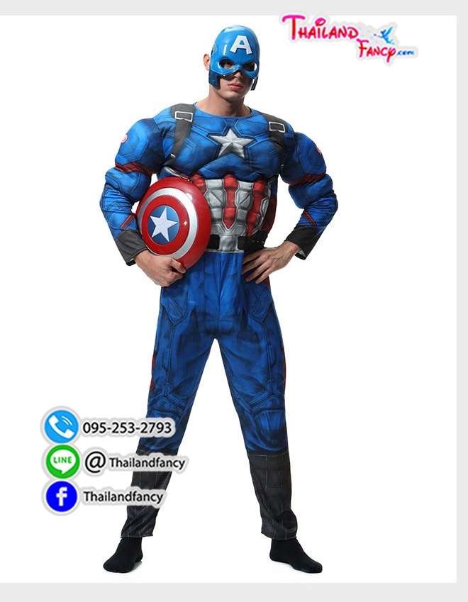 ชุดเช่าแฟนซีผู้ชาย ชุดซุปเปอร์ฮีโร่ผู้ชาย ชุดการ์ตูน ชุดกัปตันอเมริกาชาย ชุดอเวนเจอร์ Captain America Cosplay ชุดเช่ากัปตันอเมริกาแบบมีกล้ามพร้อมโล่ห์