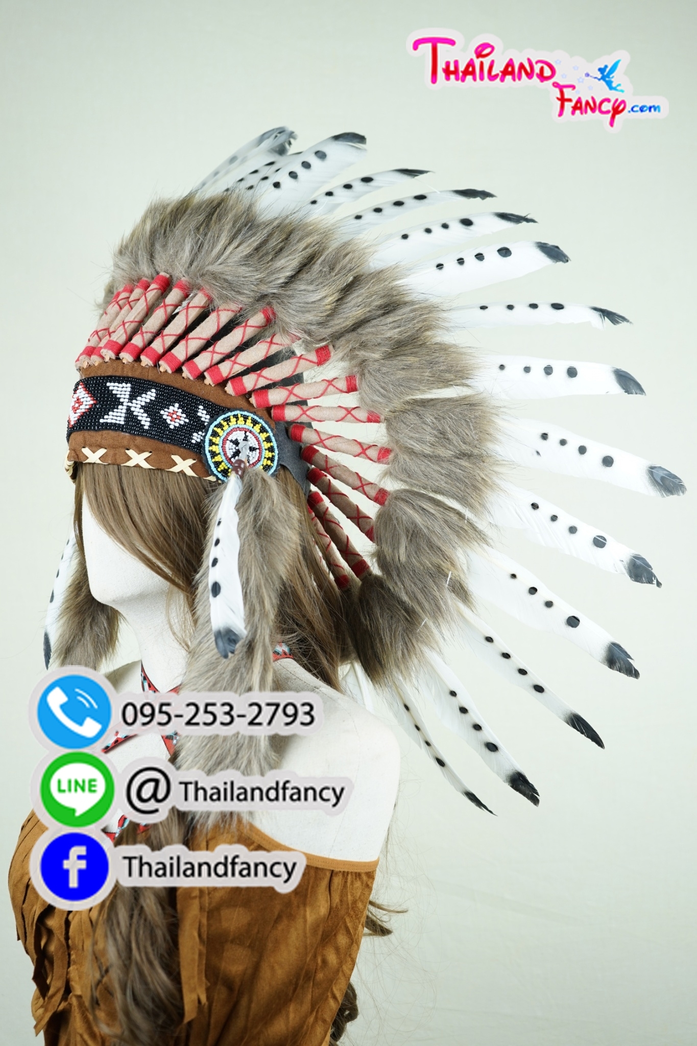 เช่าอุปกรณืแฟนซี หัวขนนกแฟนซี เช่าหัวขนนกอินเดียแดงแฟนซี หัวชนเผ่าขนนก หัวโบฮีเมี่ยน หมวกอินเดียแดงขนนกหัวหน้าเผ่ารุ่นลายจุด