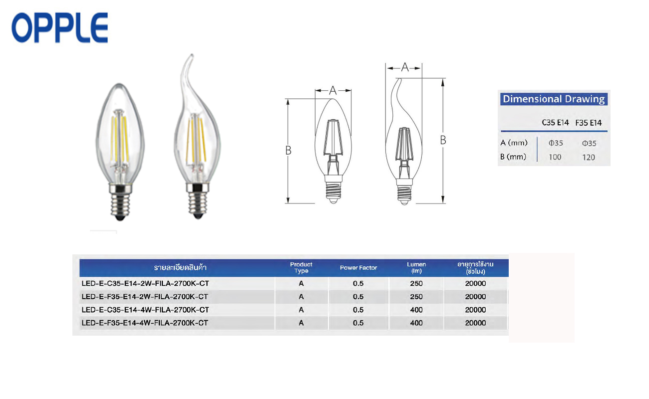หลอด LED EcoMax Filament Candle 2w,4w