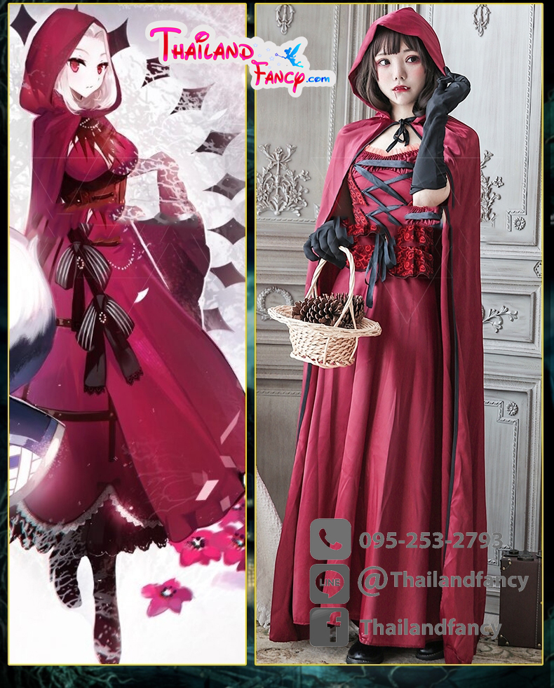 ชุดเช่าแฟนซีผู้หญิง ชุดการ์ตูนเจ้าหญิง ชุดการ์ตูนหนูน้อยหมวกแดง Red Riding Hood ชุดคู่มนุษย์หมาป่า ชุดนิทาน ชุดนู๋น้อยหมวกแดงเดรสยาวผ้ากำมะหยี่ผสมผ้ามันเงา