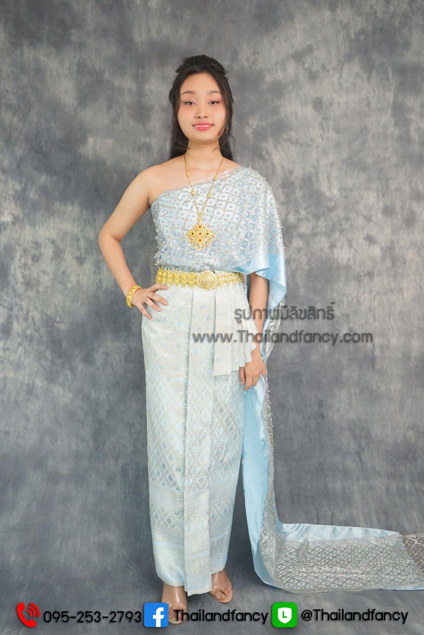 ชุดไทยย้อนยุค ชุดไทยสมัยอยุธยา ชุดไทยประยุกต์ ชุดไทยสไบออเจ้า ชุดไทยสไบกลิตเตอร์ปักมุขกับผ้าถุงจีบหน้านางเสมือนนุ่งสด