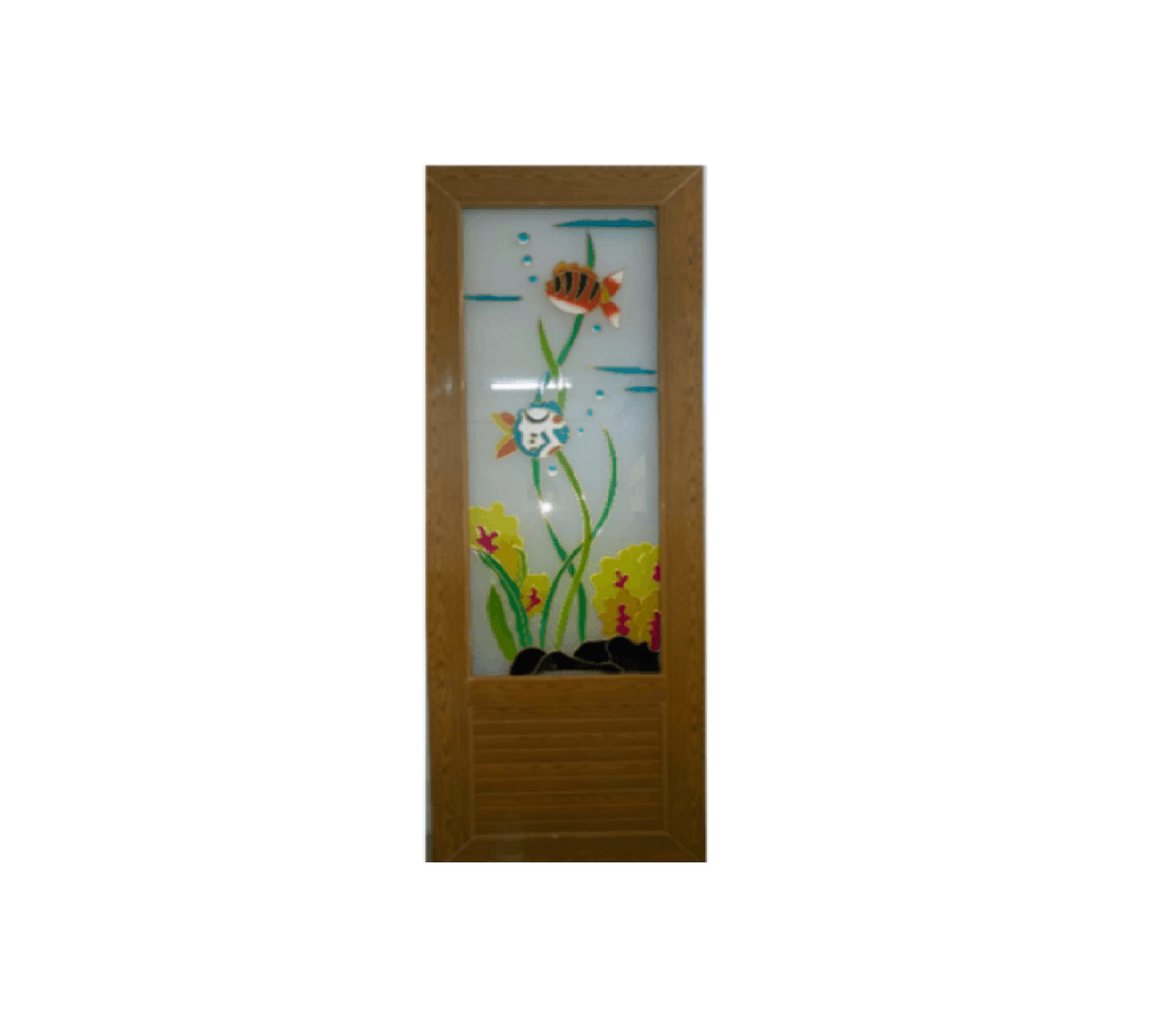 ประตู UPVC กระจกเพ้นลายปลา 2 ตัว พร้อมวงกบ U04 70cm.x200cm. สีสักทอง ไม่เจาะ OK