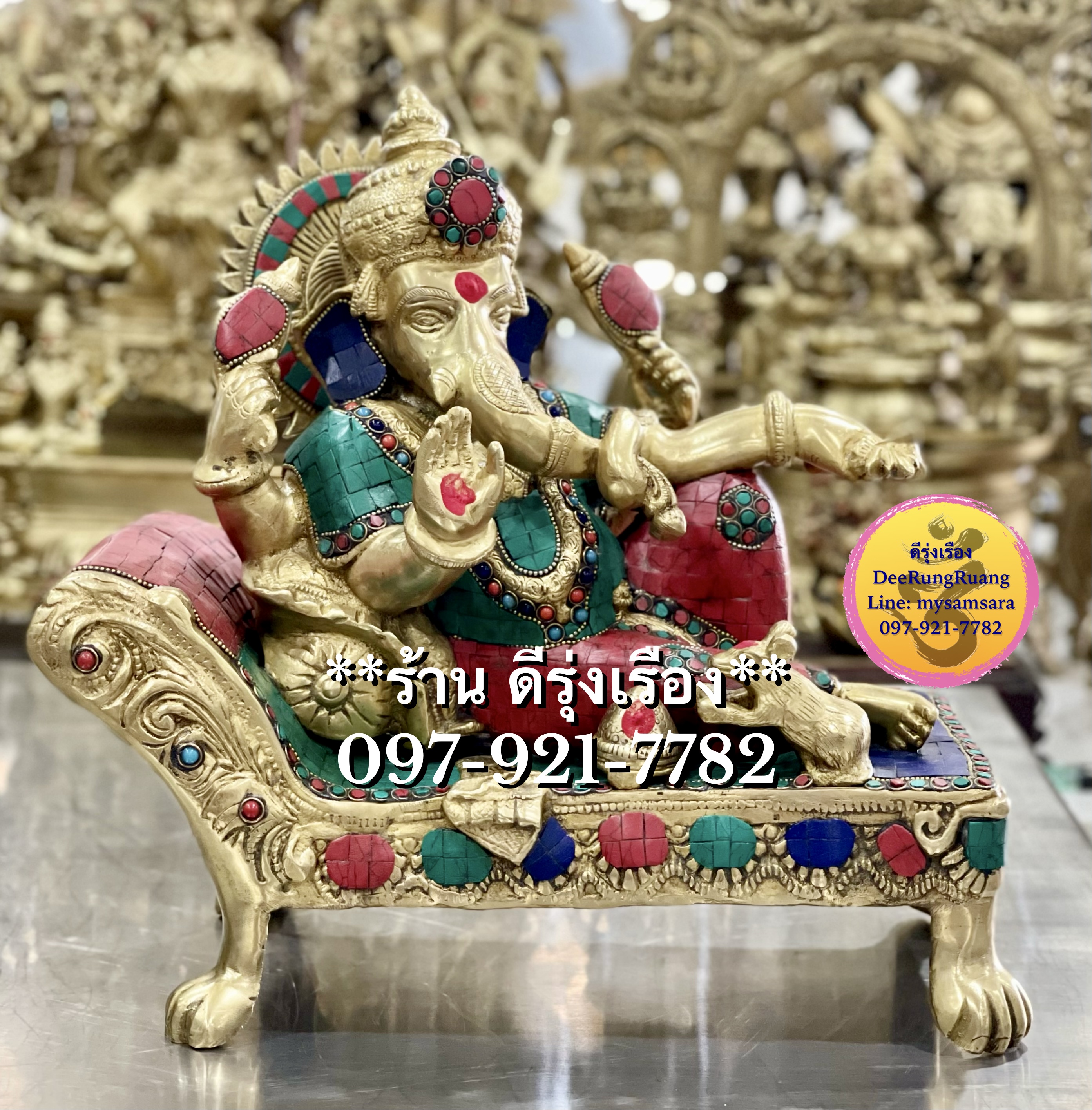 พระพิฆเนศ ปาง เสวยสุข ประทับตั่งแกะลาย ***ประดับหินสี***