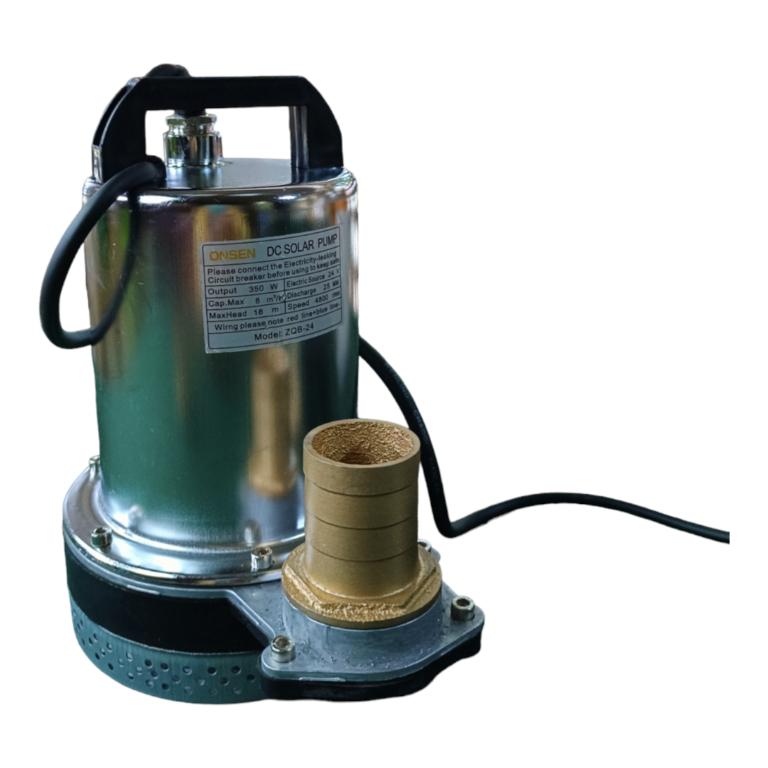 ไดโว่แสตนเลส ยี่ห้อ Onsen มี 2 รุ่น 12V 24V แถมตัวคีบแบต 1 คู่ และท่อเสริม 3 ขนาด 1”, 1.5”, 2” แบบทองเหลือง สายยาว 10 เมตร