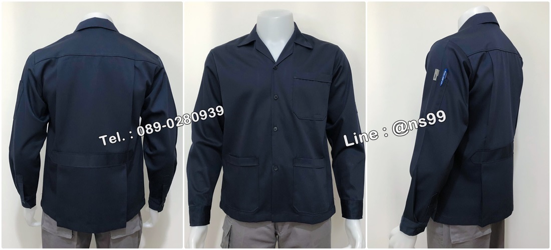 รหัส A114 : เสื้อช่างแขนยาวผ้าคอมทวิวแบบสามกระเป๋าชายเสื้อปล่อยสีกรมล้วน