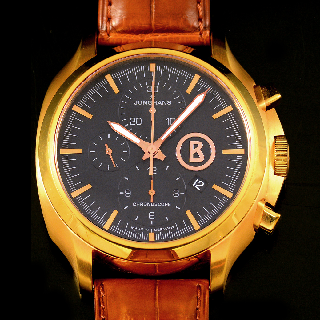 Junghans Willy Bogner Chronoscpe 027/7263 หน้าปัดสีดำ สายหนังแท้ หัวเข็มขัดแท้ หลังเปลือย Automatic ขนาด 44 mm