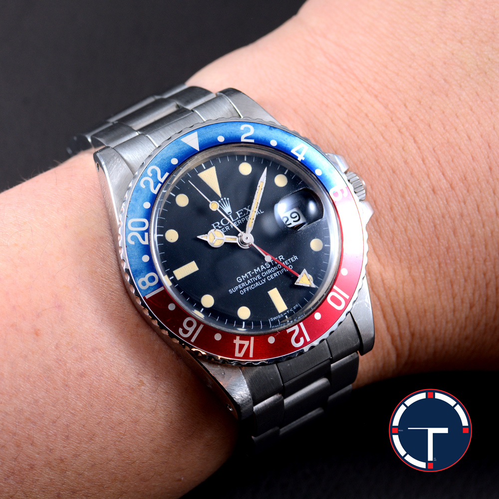 **ขายแล้ว** Rolex Gmt Master Pepsi Ref.16750 หน้าปัดสีดำ พรายน้ำเหลือง ขอบฟิล์มเฟด สายเหล็กแท้ ปี1983 Automatic ขนาด 40 mm