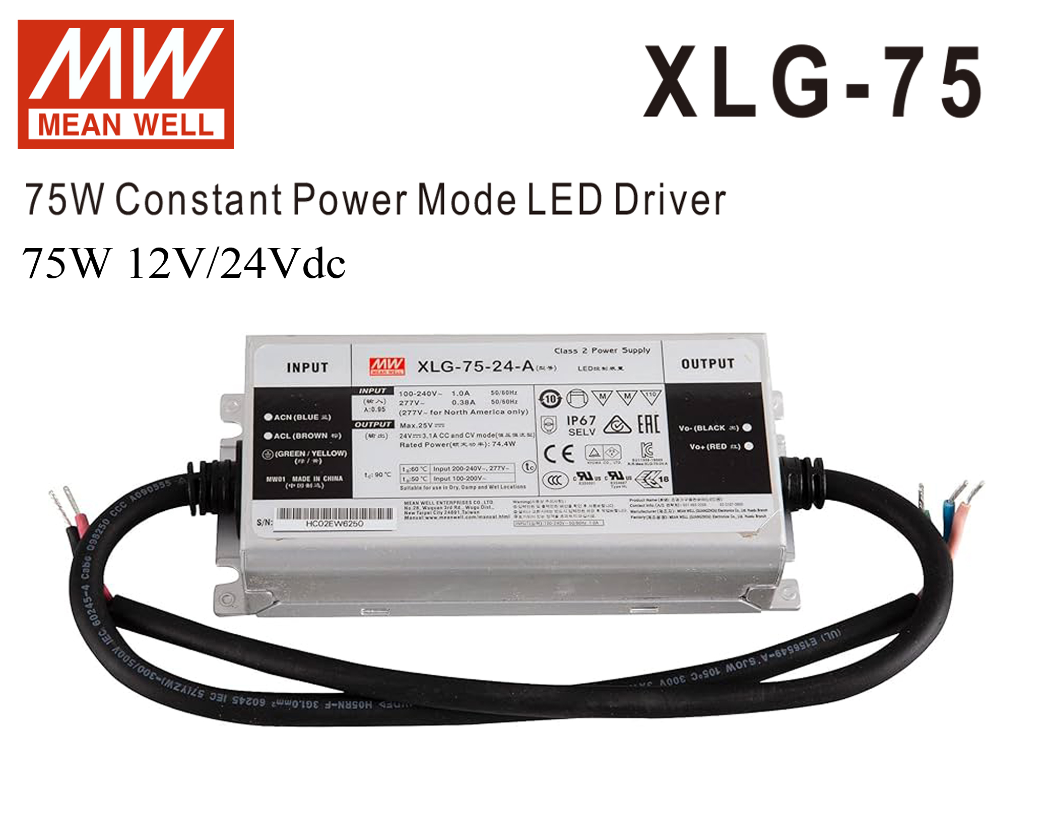 หม้อแปลง Constant Power LED Driver IP67 XLG series Meanwell 74W 12 / 24Vdc