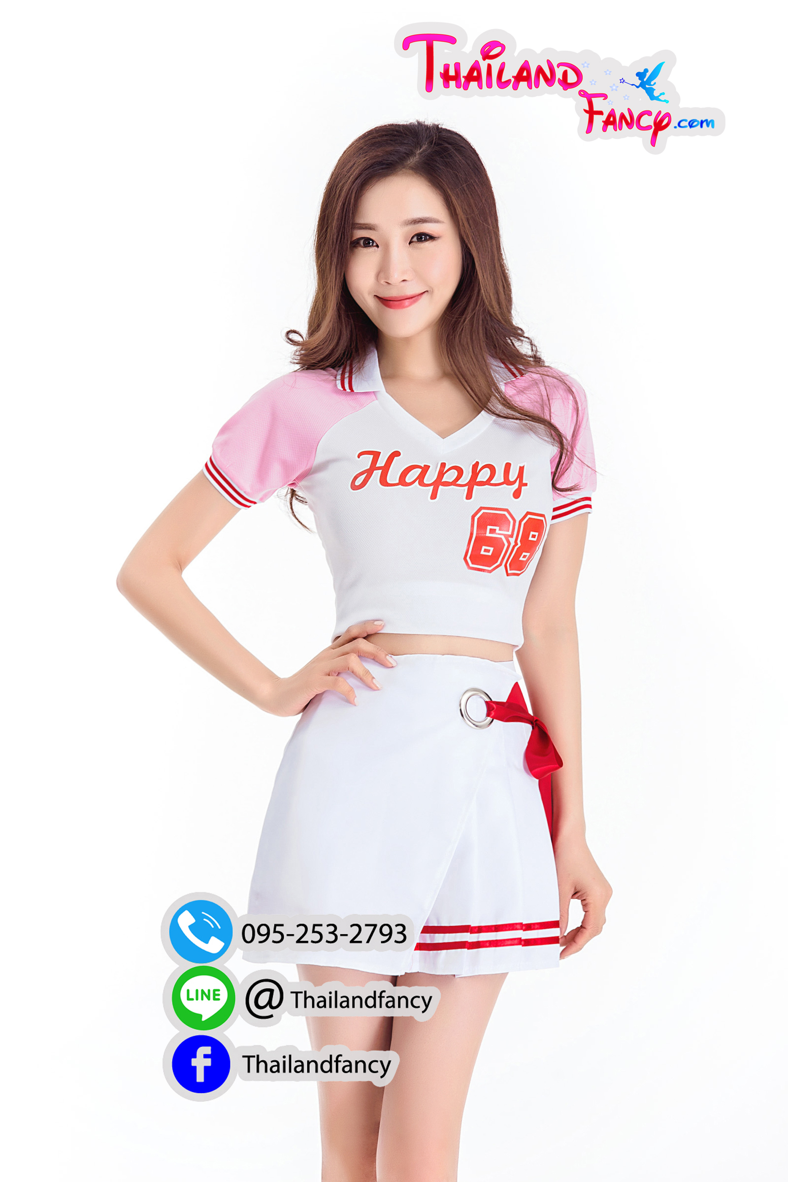 ุชุดแฟนซี ชุดคอสเพลย์เชียร์กีฬา ชุดปอมปอมเชียร์ Cheerleader ชุดเชียร์ลีดเดอร์ สีขาวแขนชมพูโปรงจีบผูกโบว์แดง ชุดปาตี้ปีใหม่ ปาตี้ต้อนรับปีใหม่