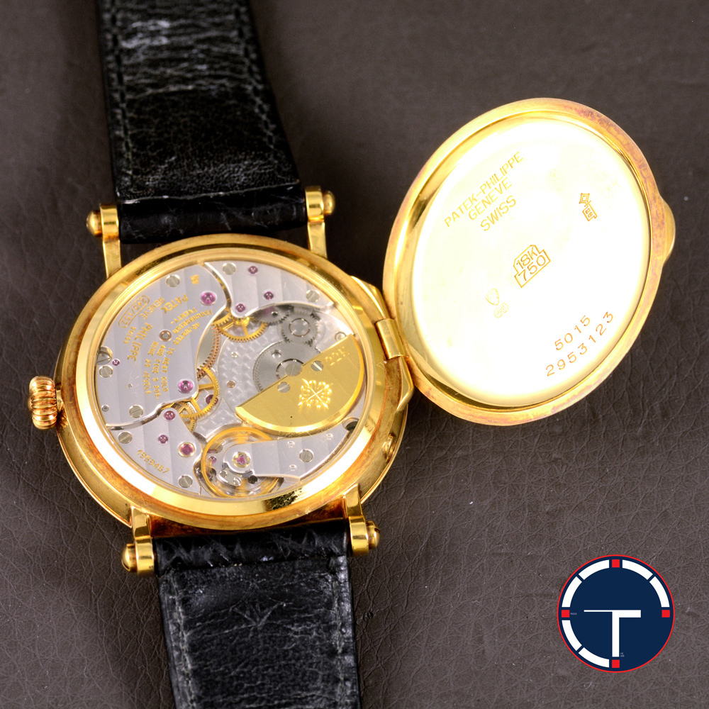 Patek Philippe Power Reserve Moon Complications Ref.5015j หน้ากระเบื้อง ตัวเรือนทอง18k หลังเปลือย ฝาหลังเปิดได้ สายหนังแท้ หัวเข็มขัดแท้ Automatic ขนาด 35 mm