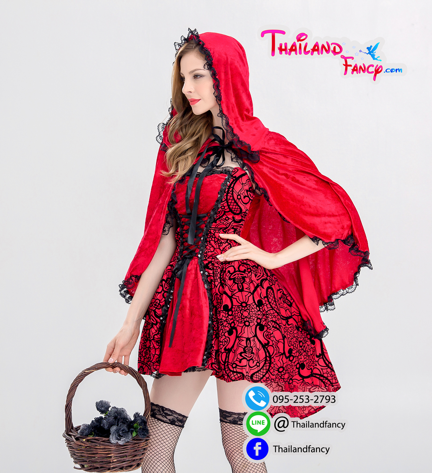 ชุดแฟนซี Cosplay หนูน้อยหมวกแดง ชุดคู่หมาป่า ชุดการ์ตูนหนูน้อยหมวกแดง เดรสเกาะอกพร้อมผ้าคลุมกำมะหยี่