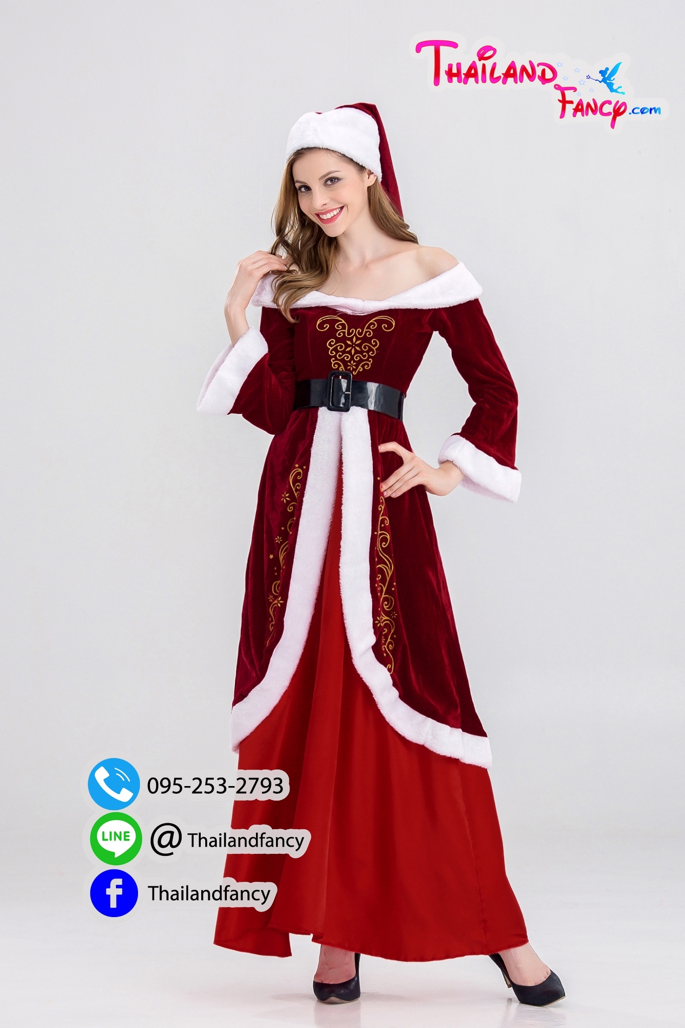 ชุดเช่าแฟนซีผู้หญิง ชุดเช่าซานตารีน่า ชุดคู่ซานต้า New Year Cosplay ชุดสาวซานตี้ ชุดเช่าแซนตี้เดรสกระโปรงยาวสีแดงแต่งลายคริสต์มาส