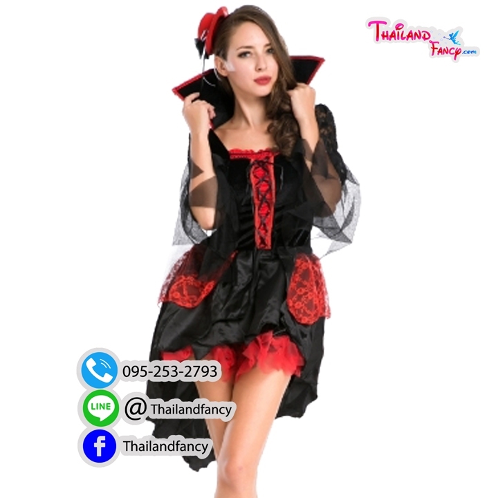 ชุดแฟนซีแวมไพร์ ชุดคอสเพลย์แวมไพร์ Vampire Cosplay Halloween ชุดแวมไพร์ผู้หญิง ชุดผีซอมบี้ดูดเลือด ชุดสาวแดร็กคูล่า ชุดราชินีแวมไพร์ดำแดงพร้อมปกคอตั้งแขนกระดิ่งชายรุ่งริ่ง สำเนา
