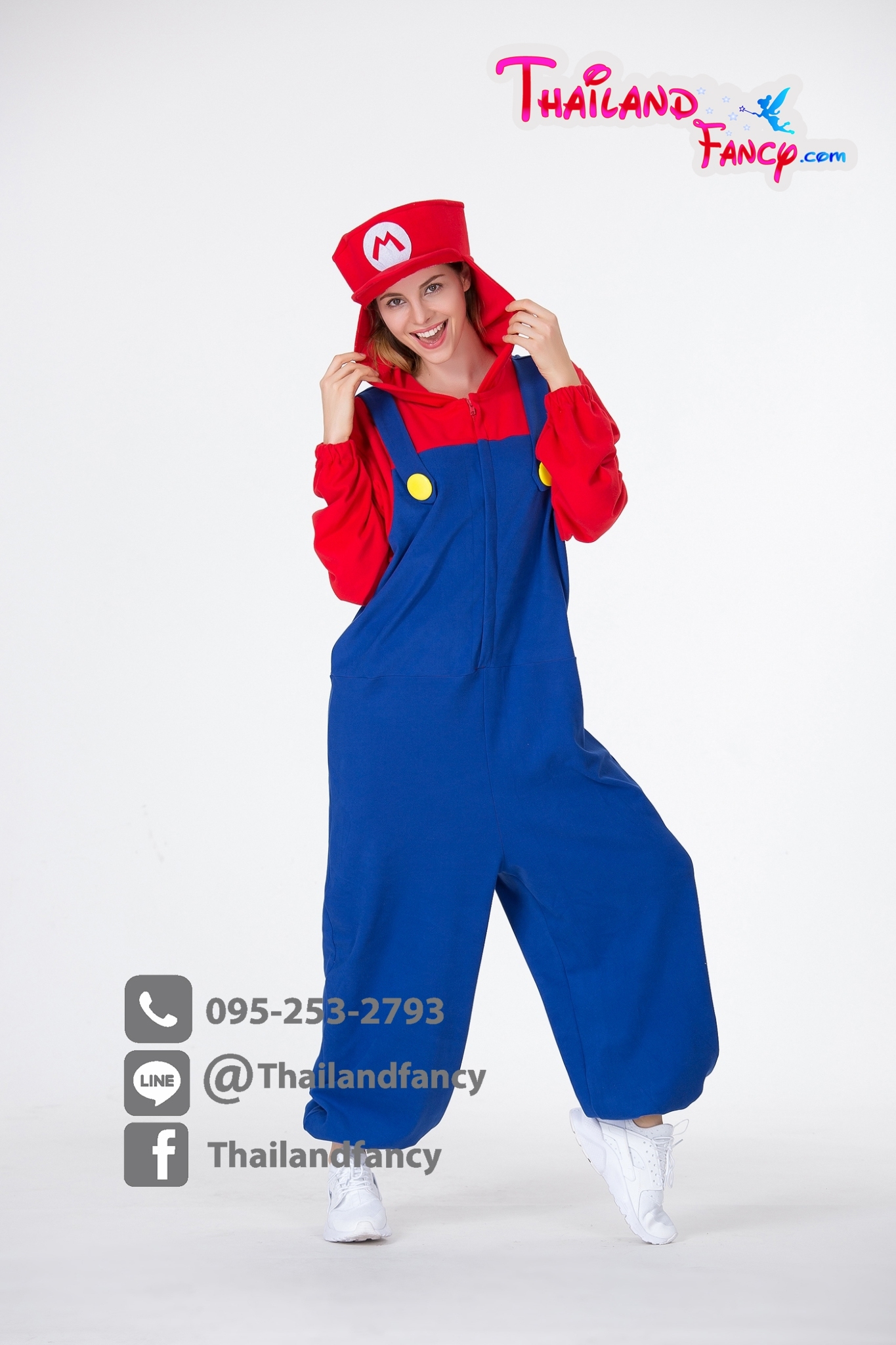 ชุดเช่าแฟนซีผู้หญิง ชุดการ์ตูนมาริโอ้ Cosplay Super Mario ชุดเกมล์ยุค90 ชุดมาริโอ้ผู้ใหญ่ชายหญิงแดงน้ำเงิน แบบมีฮู้ทคลุมผม