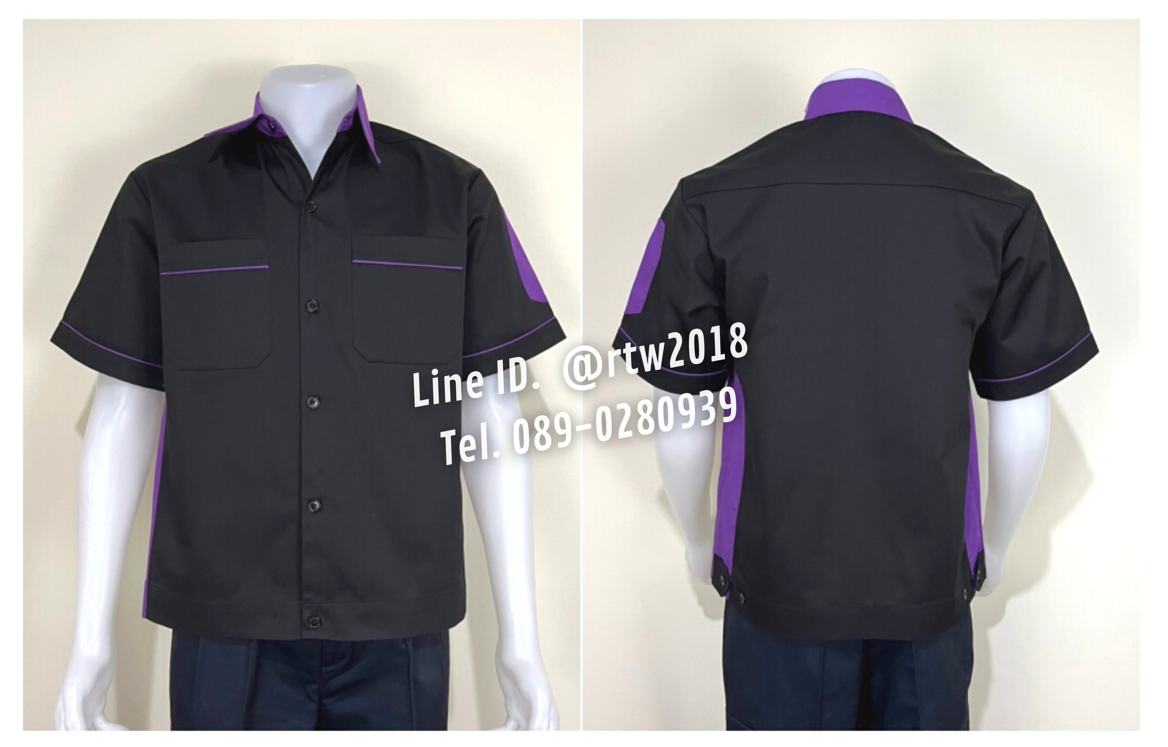 รหัส A13.1 : เสื้อช่างแขนสั้นผ้าคอมทวิวสีดำข้างม่วง