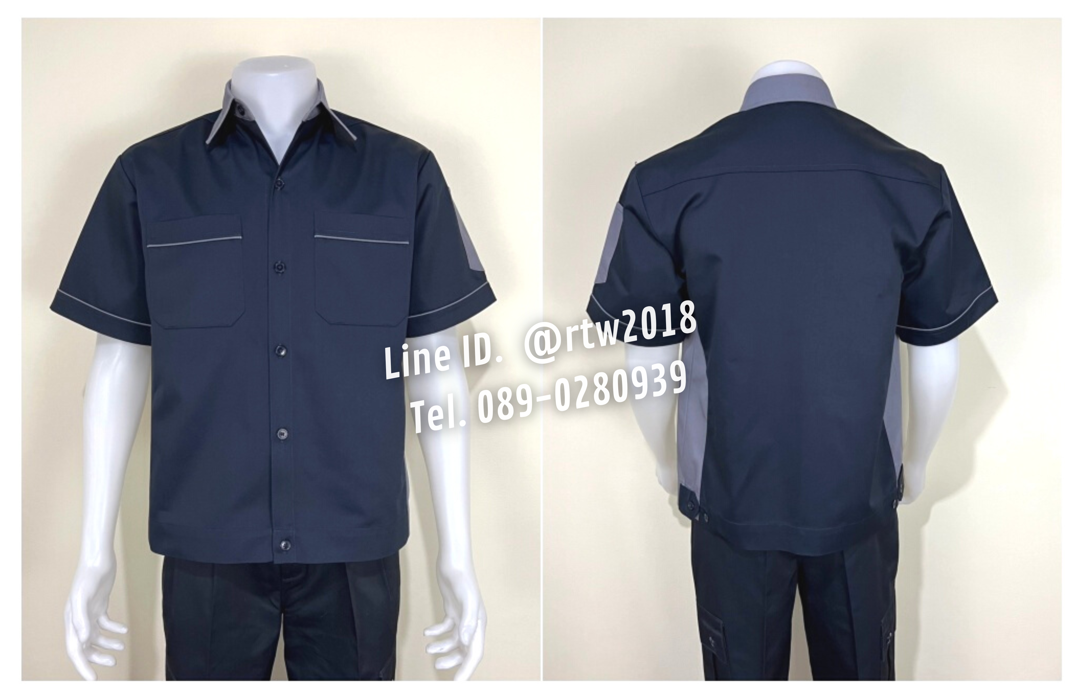 รหัส A12.14 : เสื้อช่างแขนสั้นผ้าคอมทวิวสีกรมท่าข้างเทา