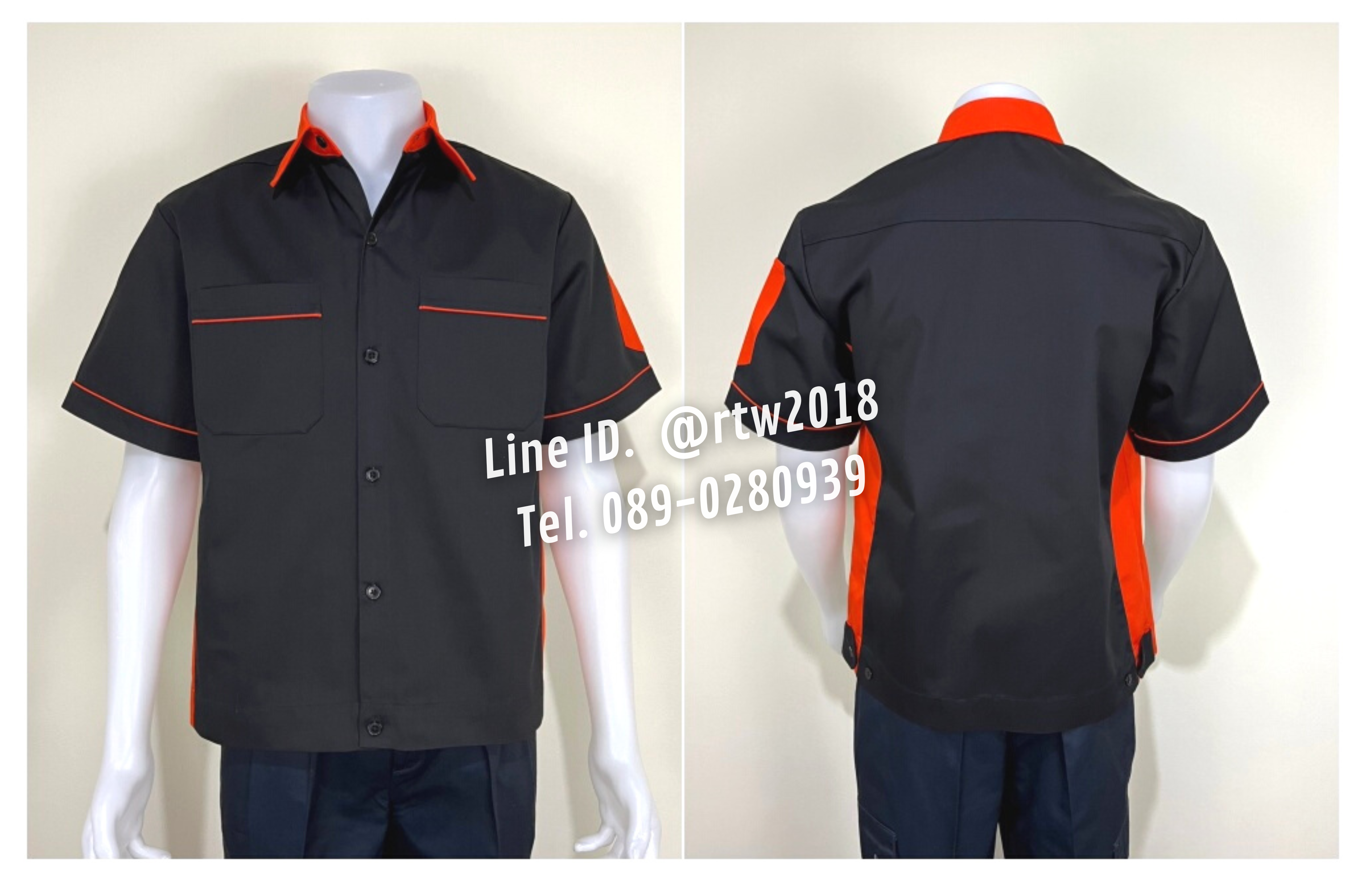 รหัส A13.8 : เสื้อช่างแขนสั้นผ้าคอมทวิวสีดำข้างส้ม