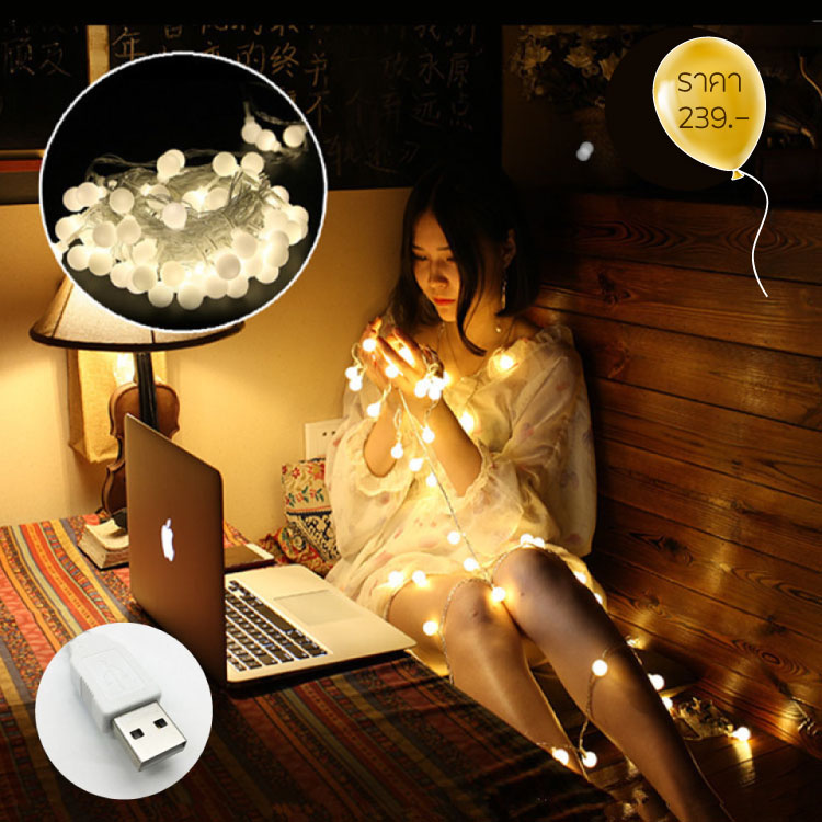 (ลดราคา) ไฟเชอรี่ แต่งห้อง สีวอร์มไวท์ ยาว 10 เมตร รุ่น USB
