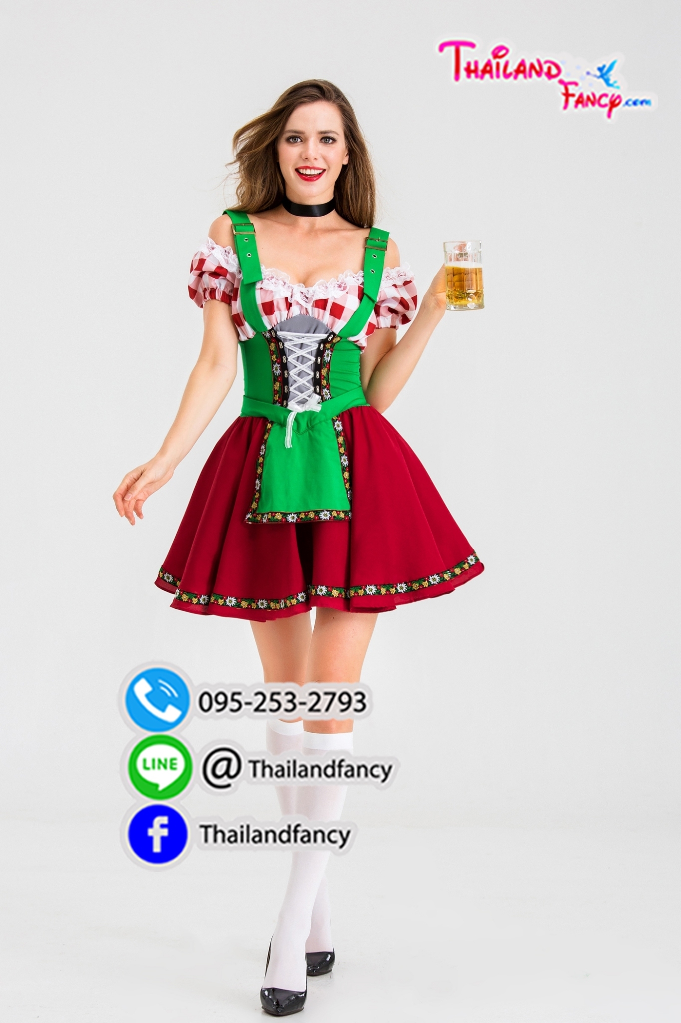 ชุดแฟนซีบาวาเรีย ชุดเชียร์เบียร์ ชุดสาวเสิร์ฟ Oktoberfest Beer Cosplay ชุดปาร์ตี้อ็อคโทเบอร์เฟส ชุดแม่บ้านลายสก็อตแดงผ้ากันเปื้อนเอี๊ยมเขียว