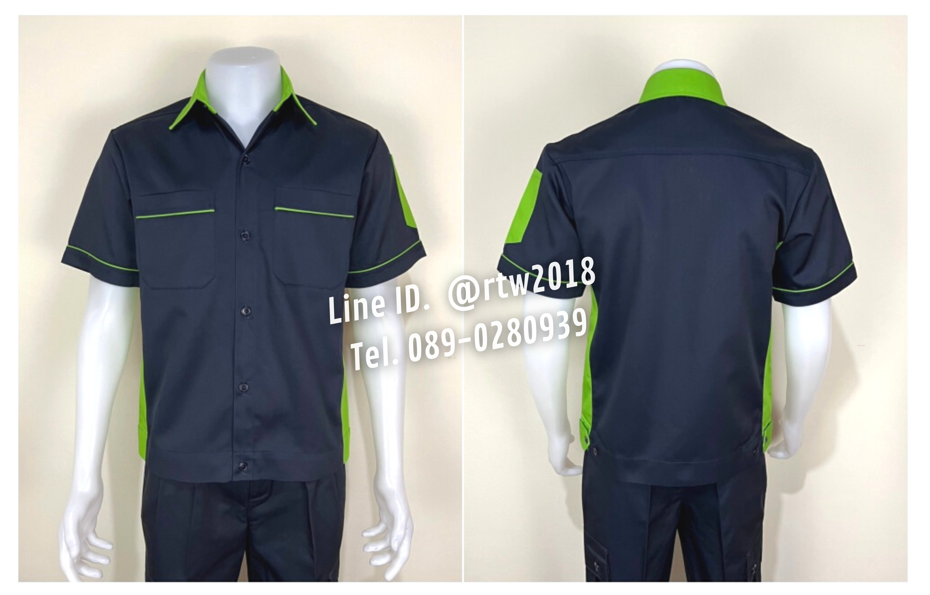 รหัส A12.6 : เสื้อช่างแขนสั้นผ้าคอมทวิวสีกรมท่าข้างเขียวอ่อน
