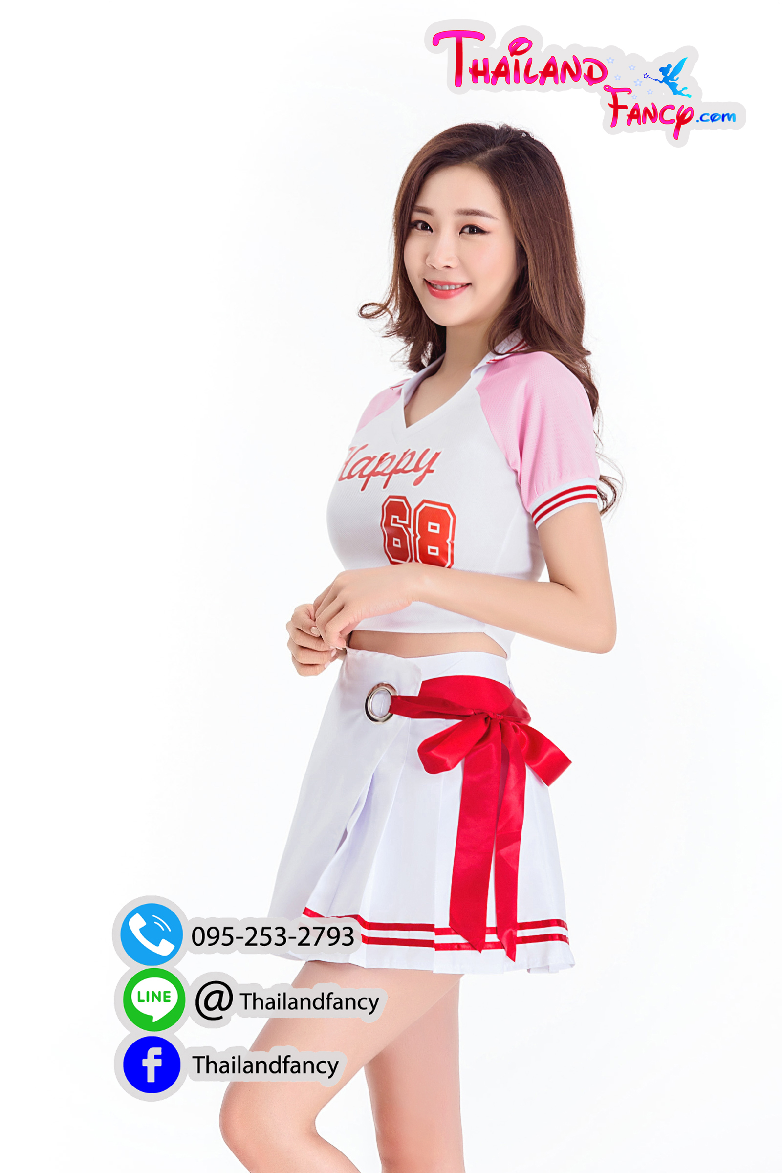 ุชุดแฟนซี ชุดคอสเพลย์เชียร์กีฬา ชุดปอมปอมเชียร์ Cheerleader ชุดเชียร์ลีดเดอร์ สีขาวแขนชมพูโปรงจีบผูกโบว์แดง ชุดปาตี้ปีใหม่ ปาตี้ต้อนรับปีใหม่