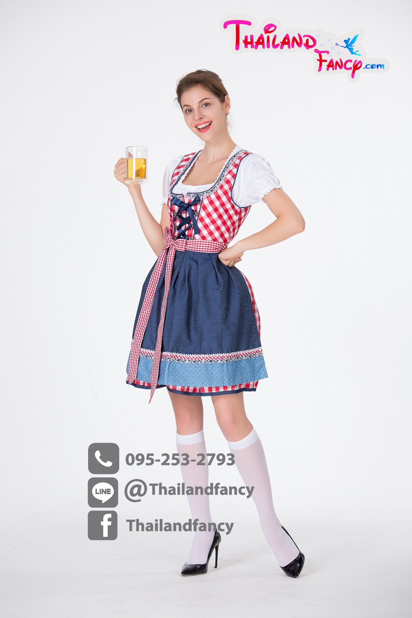 ชุดแฟนซีบาวาเรีย ชุดเชียร์เบียร์ ชุดสาวเสิร์ฟ Oktoberfest Beer Cosplay ชุดแม่บ้านลายสก็อตแดงโปรงน้ำเงิน