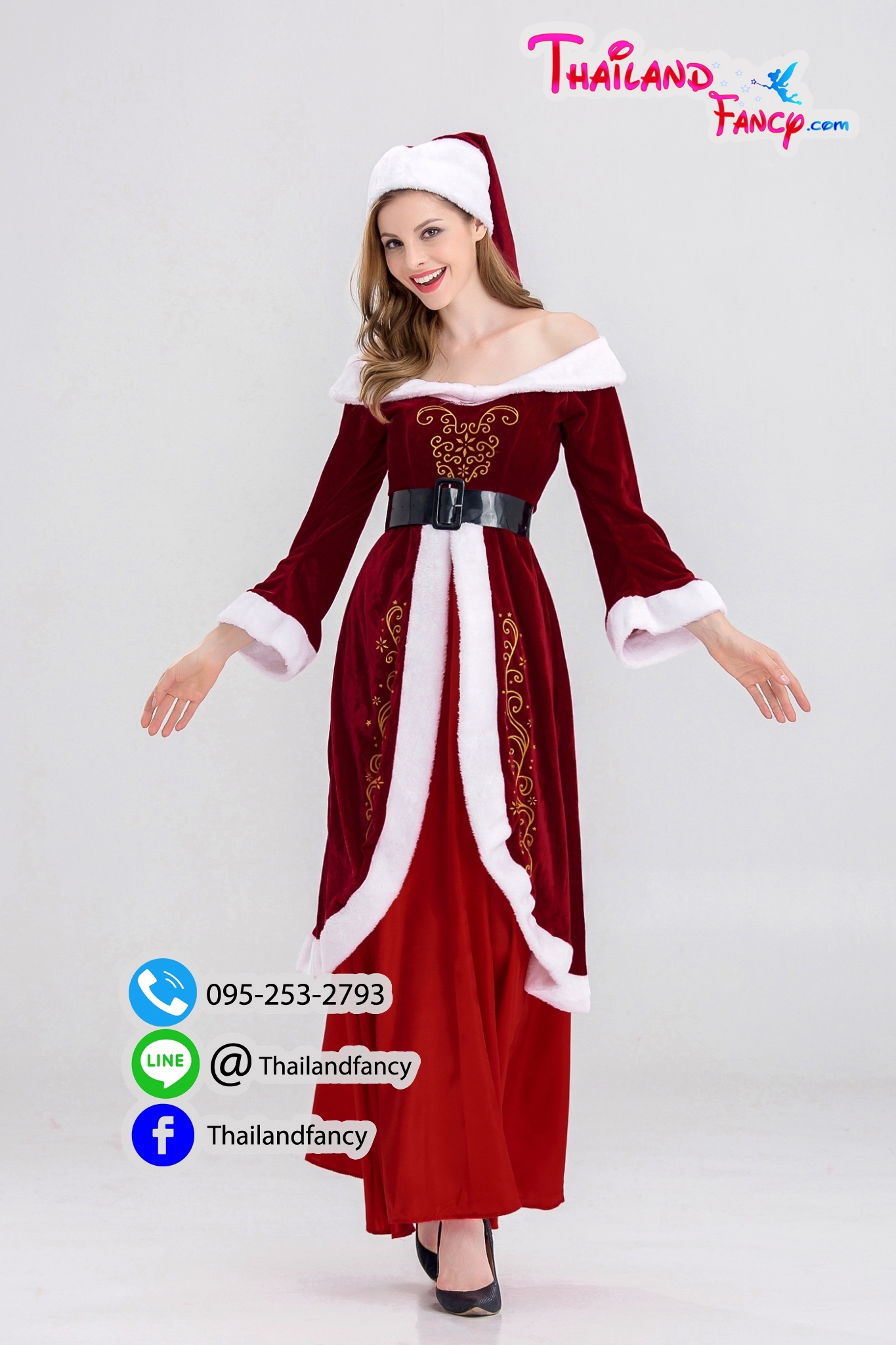 ชุดเช่าแฟนซีผู้หญิง ชุดเช่าซานตารีน่า ชุดคู่ซานต้า New Year Cosplay ชุดสาวซานตี้ ชุดเช่าแซนตี้เดรสกระโปรงยาวสีแดงแต่งลายคริสต์มาส