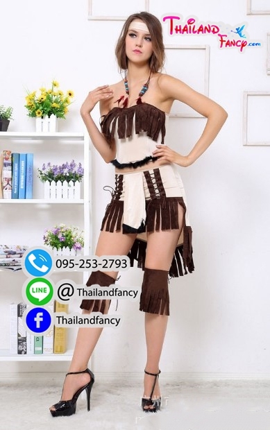 ชุดแฟนซีผู้หญิง ชุดสาวอินเดียแดง ชุดคนป่ายุคหิน ชุดชนเผ่า ชุดนักรบโบราณ ชุดนักรบหญิง ชุดอินเดียน่าเกิร์ล ชุดชนเผ่าอินเดียแดงสีครีมแต่งพู่น้ำตาล