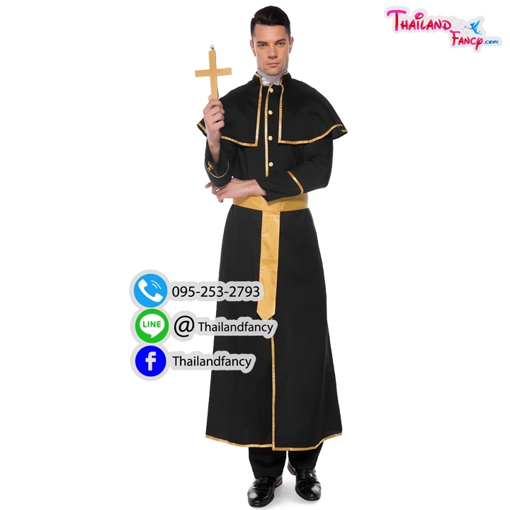 ชุดเช่าแฟนซีผู้ชาย (ชุดเช่า) ชุดคอสเพลย์นักบวช Priest Cosplay ชุดฮาโลวีน ชุดนักบวชคริสต์ ชุดบาทหลวงสีดำแต่งทองสัญลักษณ์ไม้กางเขน