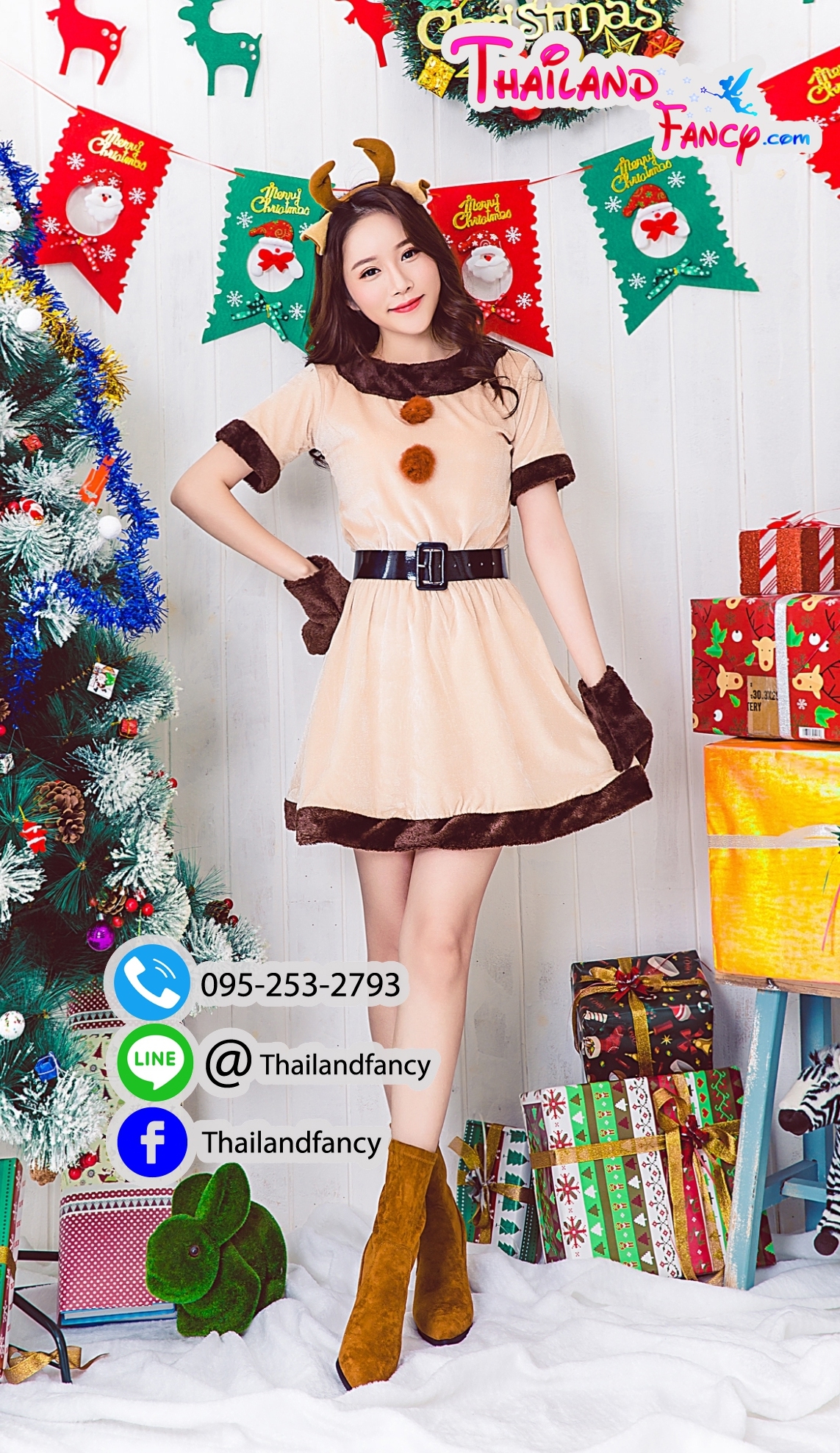 ชุดแซนตี้ ชุดซานต้าผู้หญิง ชุดแฟนซี กวางเรนเดียร์ผู้ใหญ่ ชุดคริสต์มาสผู้หญิง ชุดงานปีใหม่ ชุดกวางเรนเดียร์เดรสสีน้ำตาลอ่อน