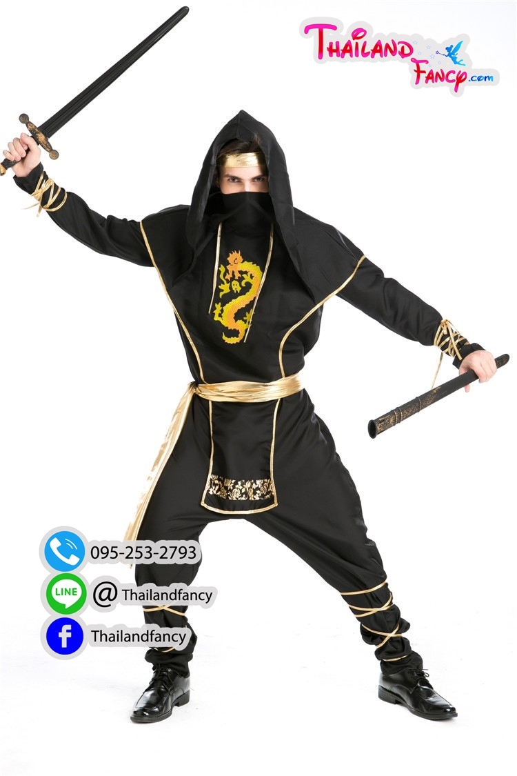ชุดเช่าแฟนซีผู้ชาย ชุดนินจาญี่ปุ่น ชุดนินจาฮาโตริ Halloween Cosplay ชุดการ์ตูน ชุดนินจากผู้ชายสีดำขลิบทอง
