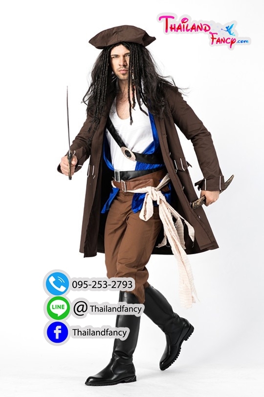 ชุดเช่าแฟนซีผู้ชาย ชุดเช่าโจรสลัดชาย Pirate Jack Sparrow Cosplay ชุดกัปตันแจ็คสแปร์โรว์ เสือโค้ทน้ำตาลเสื้อกั๊กน้ำเงิน