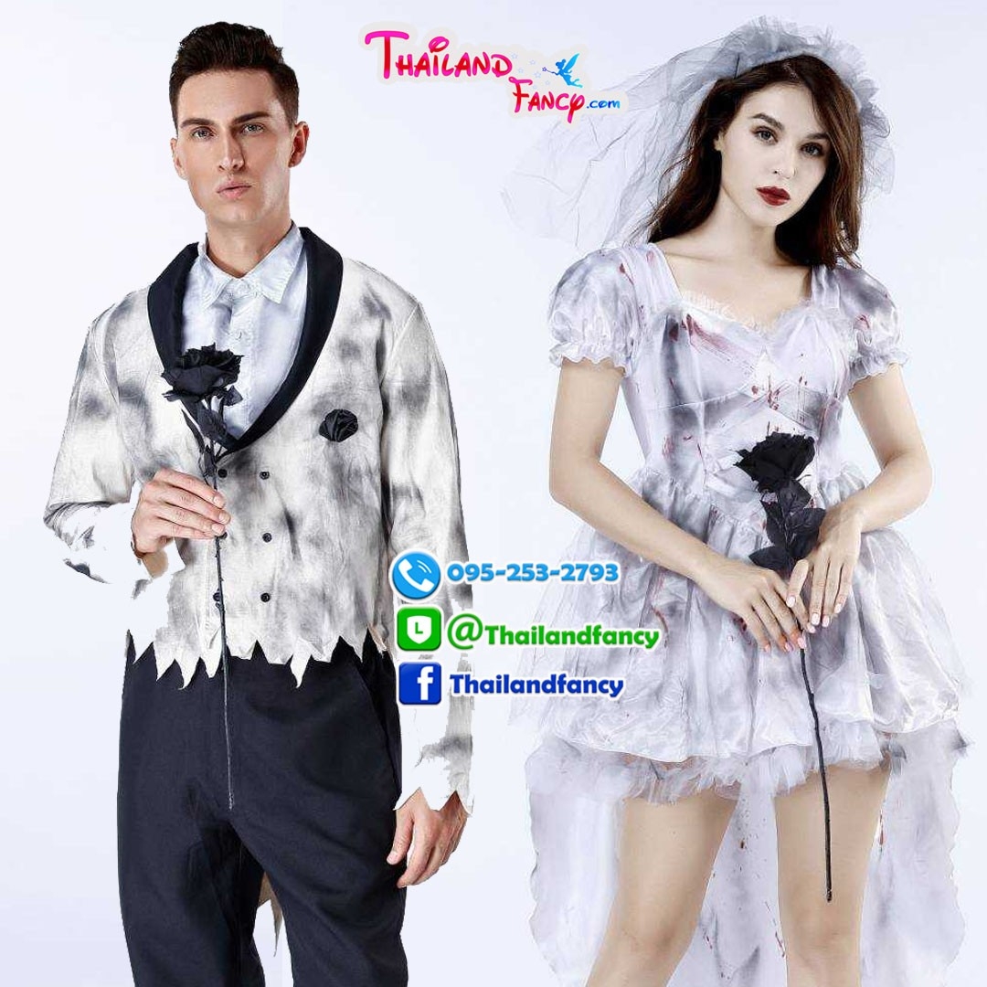 ชุดเช่าแฟนซีผู้หญิง (ชุดเช่า) ชุดเช่าเจ้าสาวผี ชุดผีสาวซอมบี้ ชุดผีผู้หญิง Halloween Night Costume ชุดเจ้าสาวผีสีขาวเทาหน้าสั้นหลังยาว
