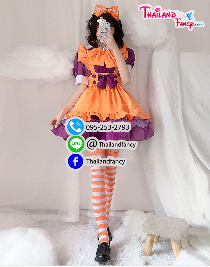 ชุดแฟนซีแม่บ้าน ชุดสาวใช้ ชุดเมดญี่ปุ่น Maid Cosplay ชุดเมดเจ้าหญิงโลลิต้า ชุดการ์ตูนอะนิเมะ ชุดแม่บ้านเดรสสีม่วงผ้ากันเปื้อนสีส้ม