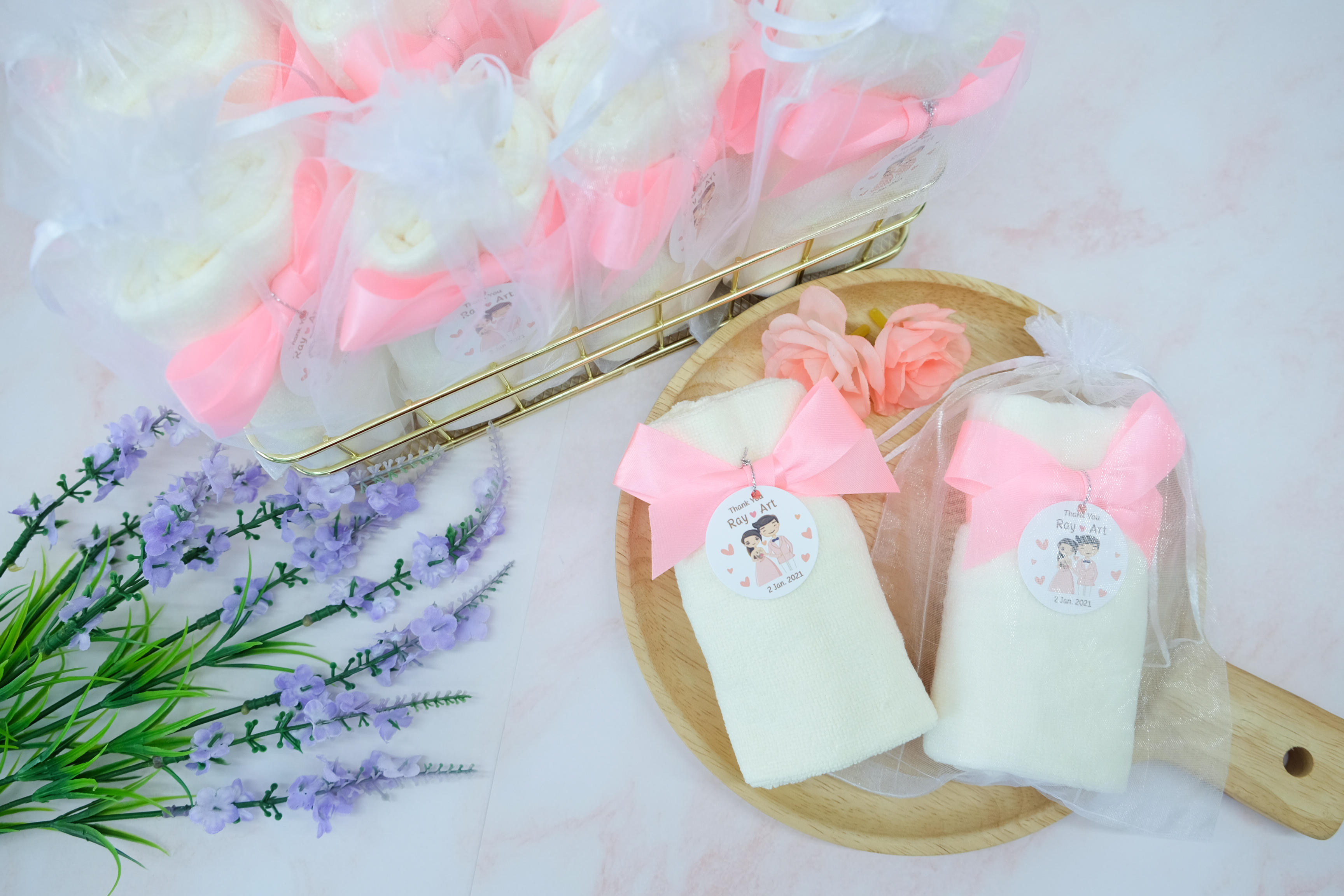 ของชำร่วยงานแต่ง ของแจกงานแต่ง ของที่ระลึกงานแต่ง ผ้านาโนม้วนผูกโบว์ สีฟ้า สีขาว สีเขียว 18