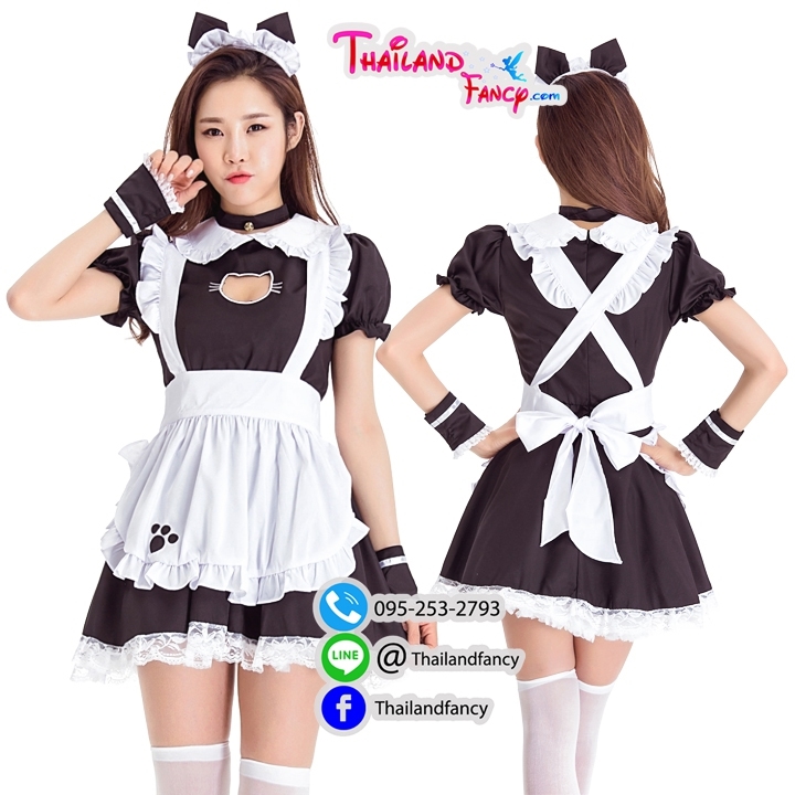 ชุดแฟนซีแม่บ้าน ชุดเมดญี่ปุ่น Maid Cosplay ชุดเมดแมวเหมียว ชุดโลลิต้า ชุดแม่บ้านคอสเพลย์ เดรสดำผ้ากันเปื้อนขาวเจาะอกทรงแมวคิตตี้