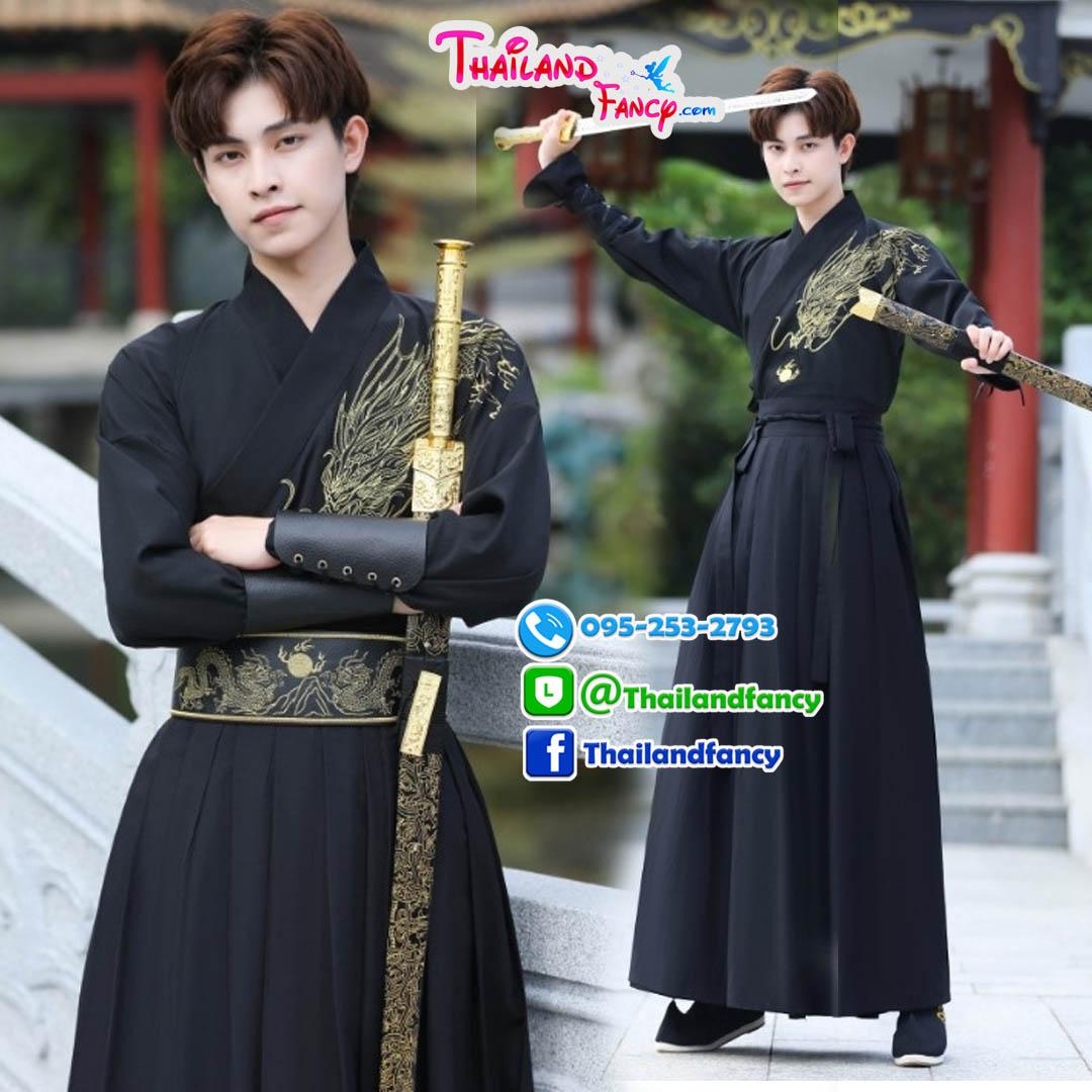 ชุดเช่าแฟนซีผู้ชาย เช่าชุดจอมยุทธ์จีน ชุดแฟนซีนานาชาติ ชุดจีนโบราณผู้ชาย ชุดเจ้ายุทธภพ ชุดจอมยุทธ์ร่วมสมัย ชุดจีนกำลังภายใน ชุดเช่าจอมยุทธชายชุดสีดำเสื้อคลุมดำขนเฟอร์เทา