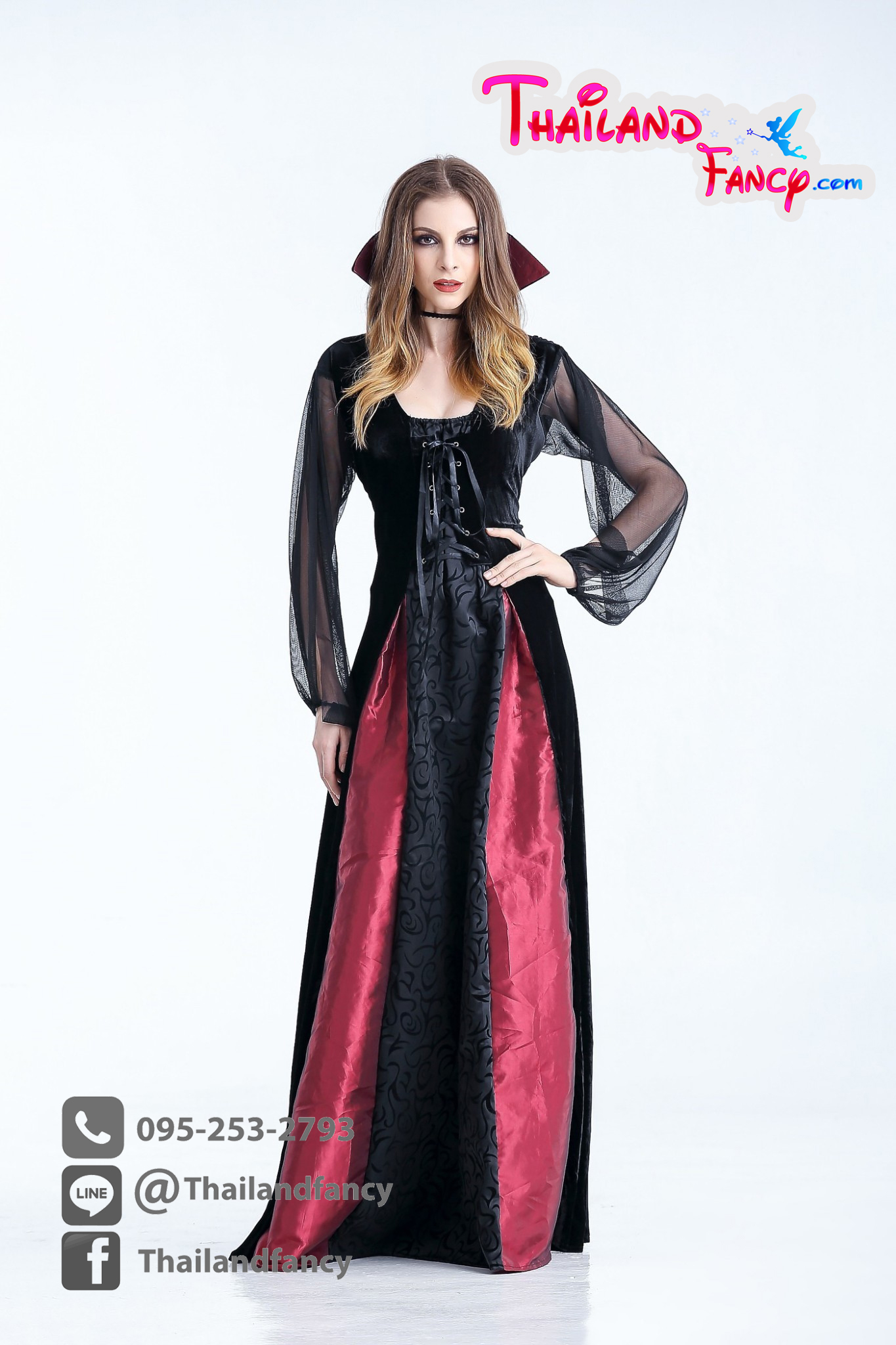 ชุดแฟนซีแวมไพร์ ชุดคอสเพลย์แวมไพร์ Cosplay Halloween ชุดแวมไพร์หญิง ชุดสาวแวมไพร์ ชุดแดร็กคูล่าหญิง ชุดราชินีแวมไพร์ดำแดงพร้อมปกคอตั้ง