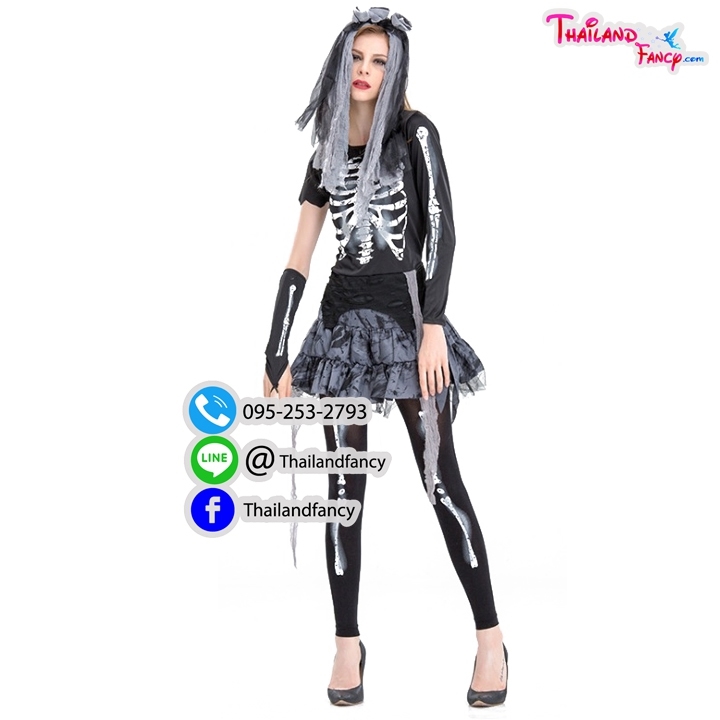 ชุดแฟนซีผีกระดูกผู้หญิง ชุดคอสเพลย์ซอมบี้ ชุดเจ้าสาวผี Halloween Party ชุดปีศาจสาว ชุดฮาโลวีน ชุดเจ้าสาวผีกระดูก