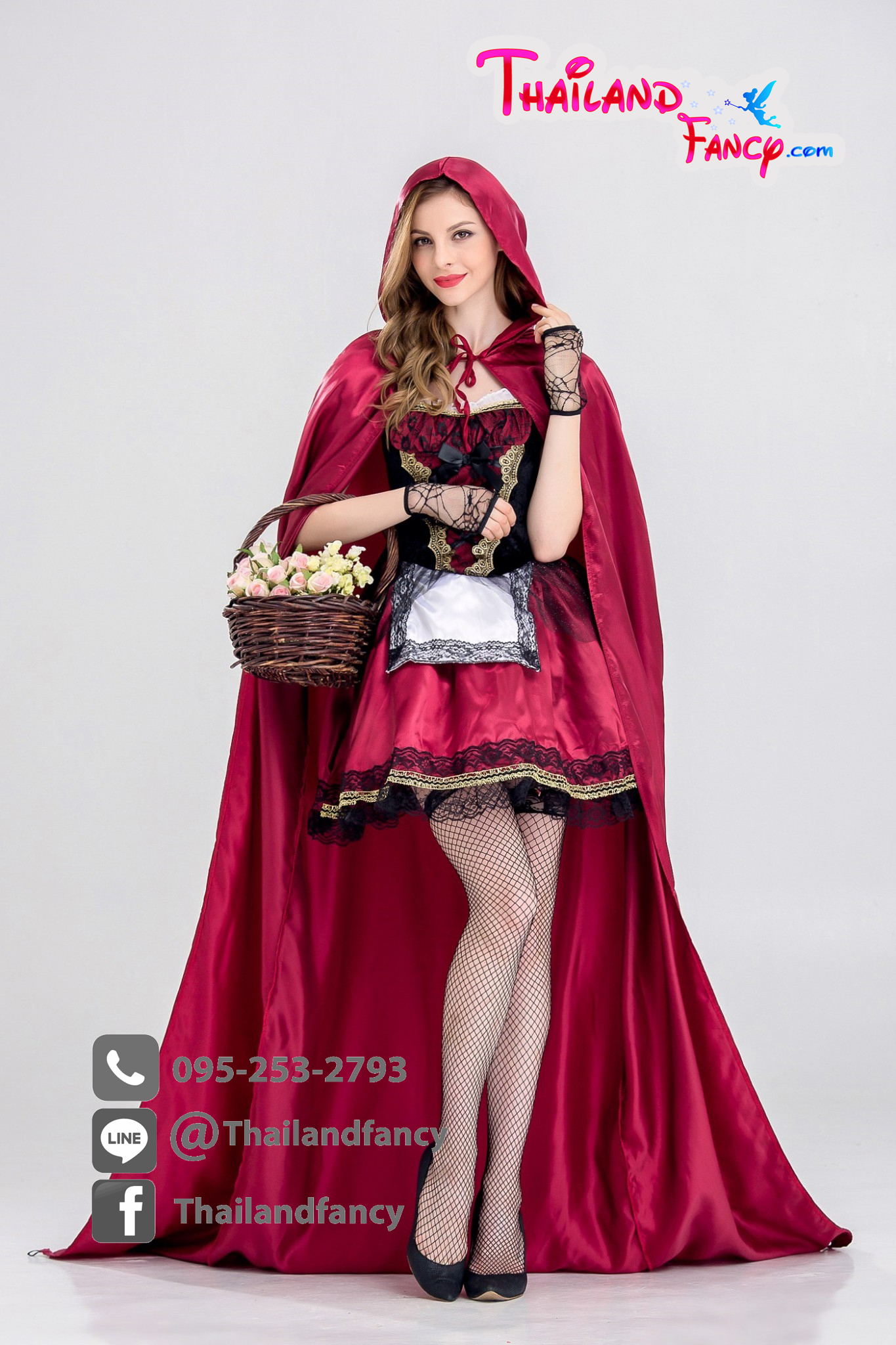 ชุดแฟนซี ชุดคอสเพลย์ ชุดการ์ตูนเจ้าหญิง ชุดเมด Maid ชุดคู่หมาป่า ชุดหนูน้อยหมวกแดง เดรสสั้นสีแดงแต่งดำทอง มีผ้าคลุมยาวเข้าเซ็ท