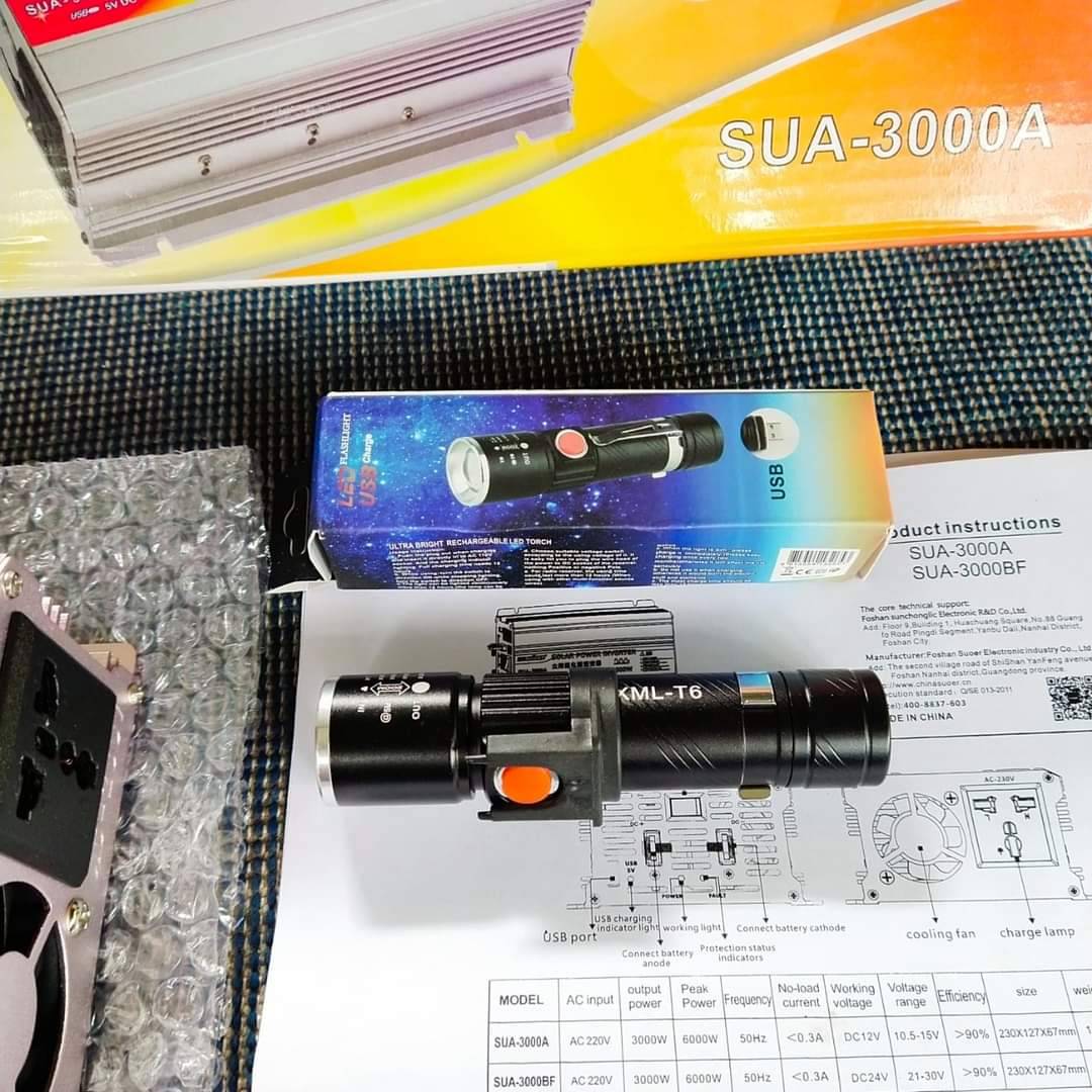 อินเวอร์เตอร์ แปลงไฟ 12V เป็นไฟบ้าน 220V ขนาด 3,000W แถมฟรี ไฟฉายUSB 1ชิ้น