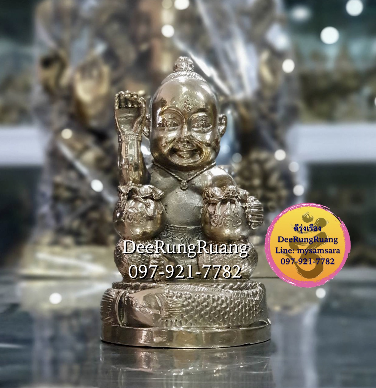 กุมารทองกวักทรัพย์ *** ถือถุงเงินถุงทอง นั่งบนปลาคู่ พร้อมไทร***