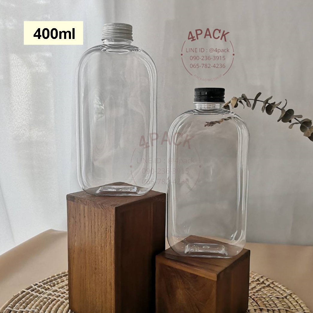 (กล่องละ155ใบ)ขวดพลาสติกpet ทรงแบน ขนาด400ml+ฝาอลู ราคาใบละ12บ.