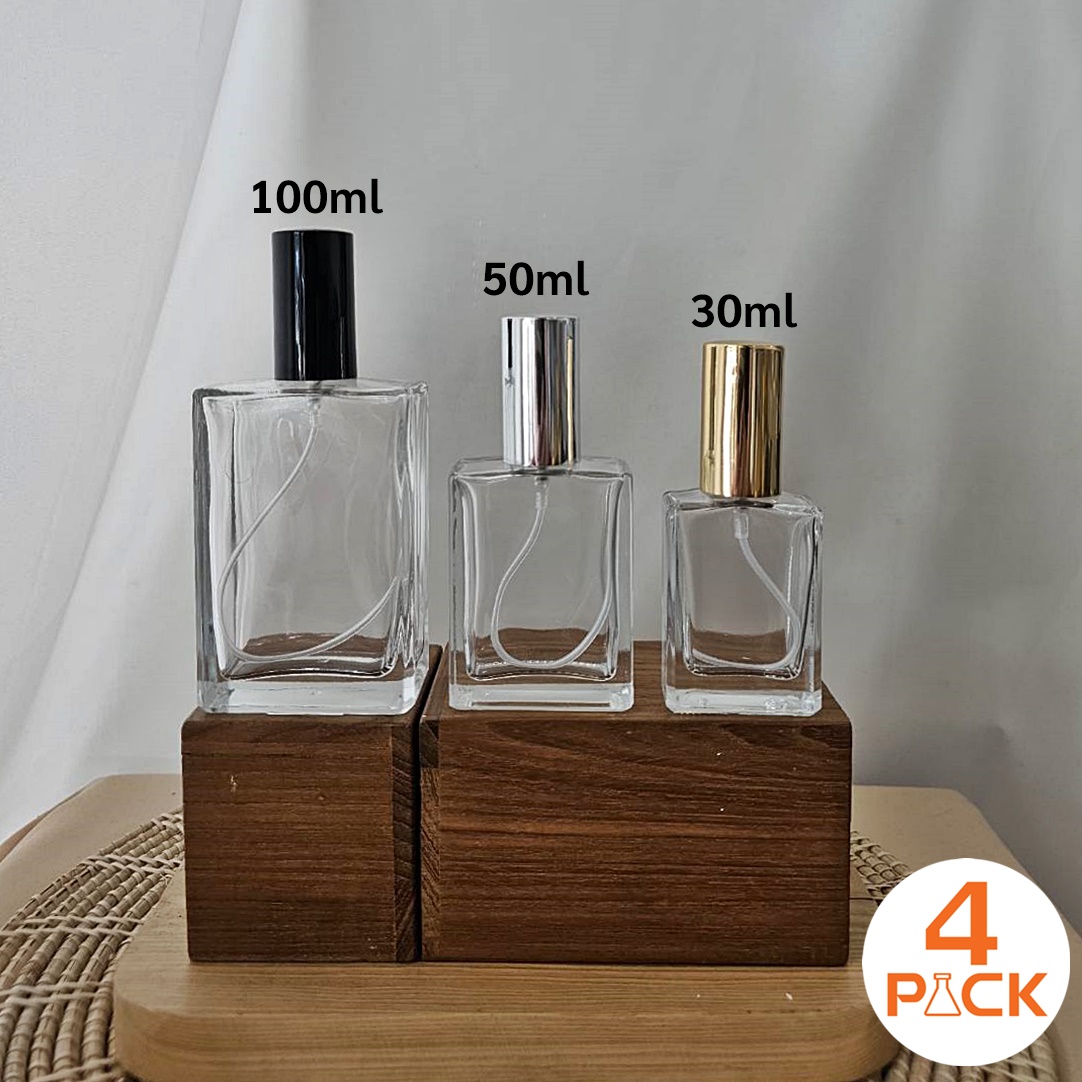 (กล่องละ 120ใบ)ขวดแก้ว50ml ทรงแบน +ฝาสเปรย์ เงิน/ทอง/ดำ