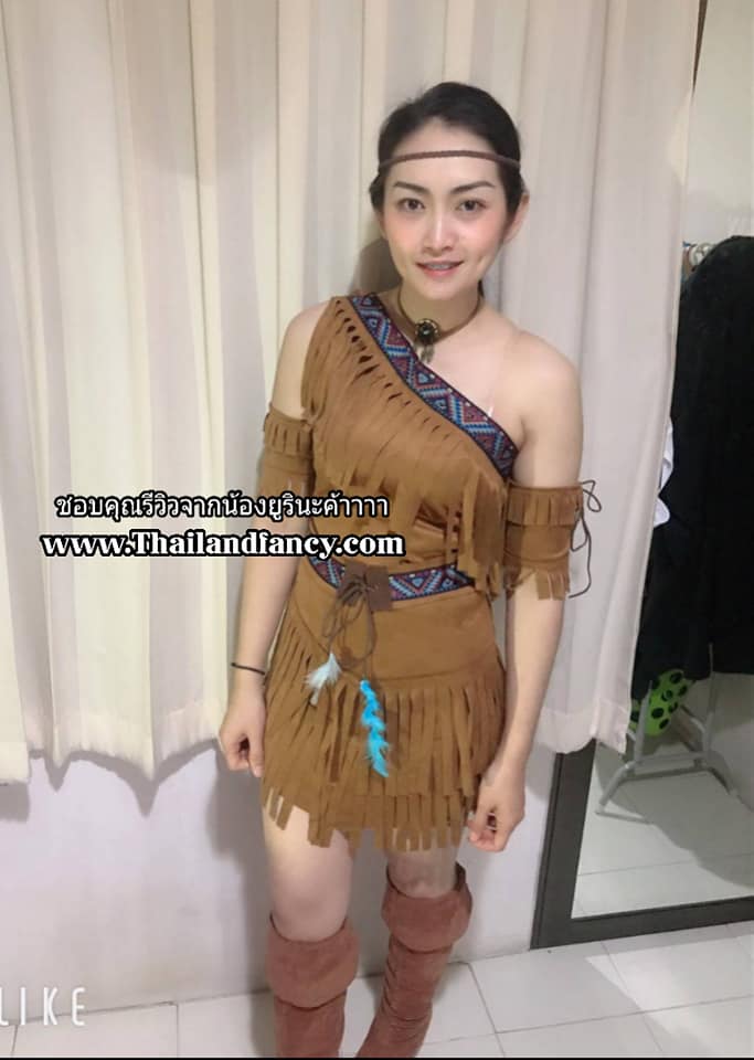 ชุดโบฮีเมียน ชุดคอสเพลย์ ชุดอินเดียน่าเกิร์ล ชุดอินเดียแดงหญิง ชุดแฟนซีหญิงมนุษย์ถ้ำ มนุษย์หิน ชนเผ่า เดรสสีน้ำตาลแขนเดี่ยวแต่งพู่ทั้งชุด