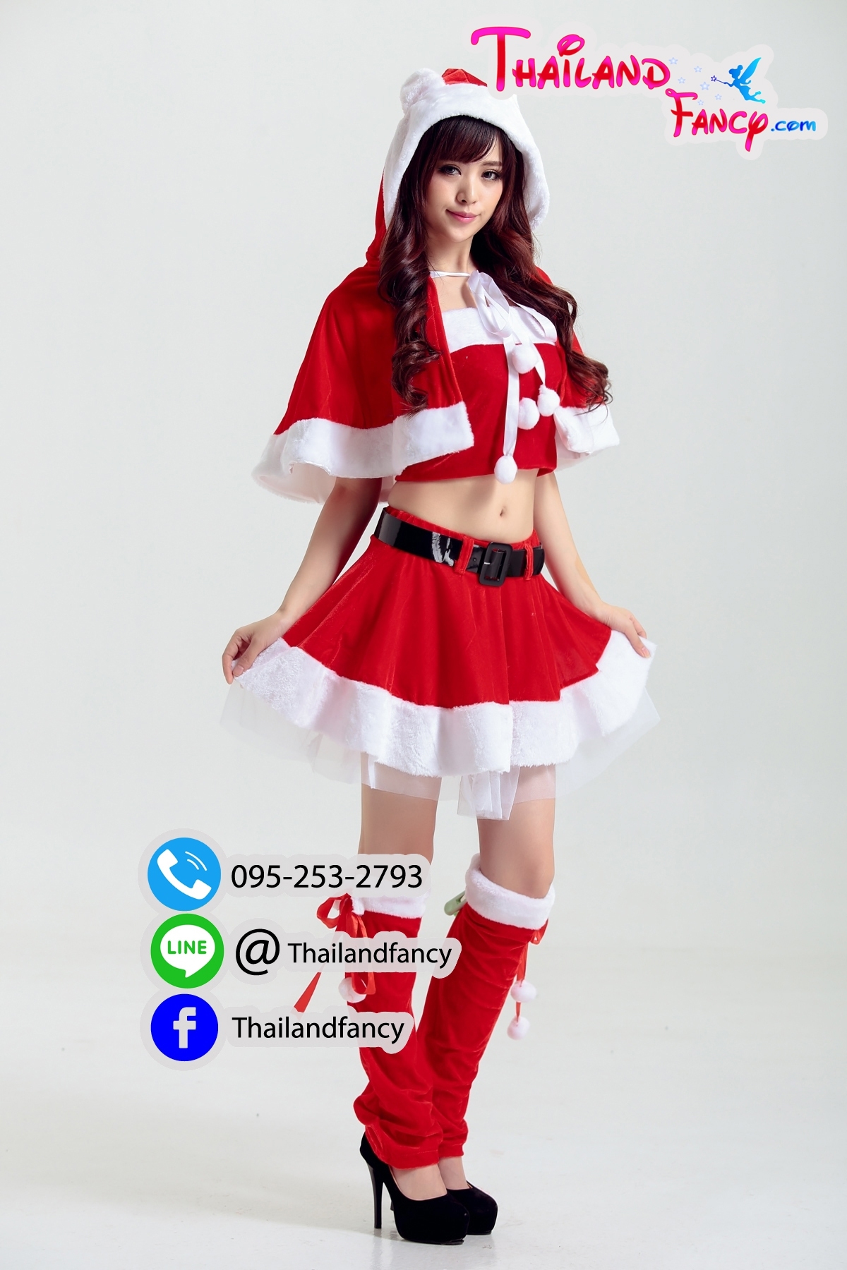 ชุดคริสต์มาสผู้หญิง ชุดซานตี้ผู้หญิง ชุดคอสเพลย์แซนตี้ ชุดซานตารีน่า ชุดแฟนซีปาร์ตี้ปีใหม่ ชุดแซนตี้เกาะอก กระโปรงบาน พร้อมผ้าคลุมฮู้ทหูหมี